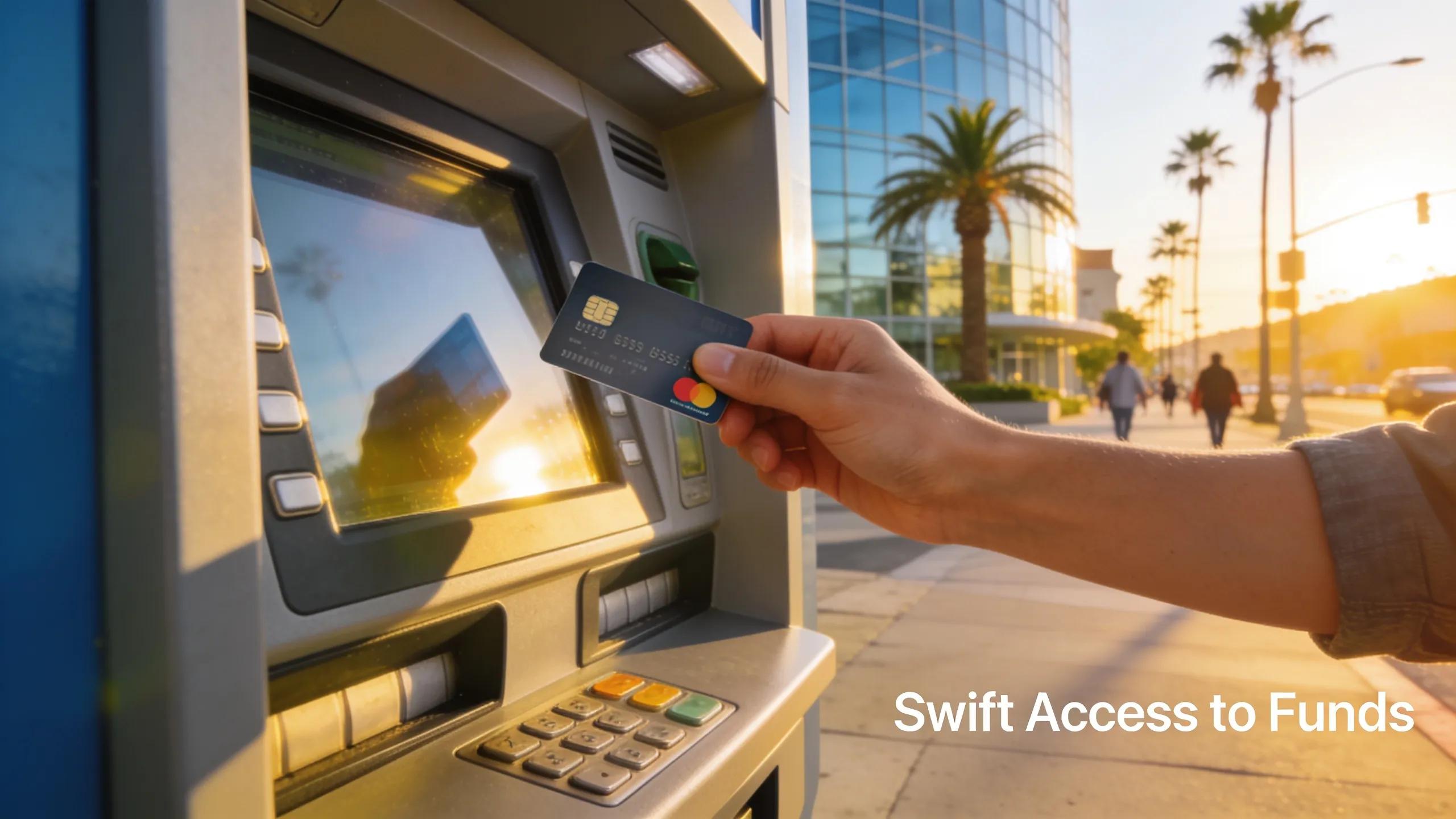 Hand holding a debit card ready for withdrawal at an ATM in California Hand holding a debit card ready for withdrawal at an ATM in California