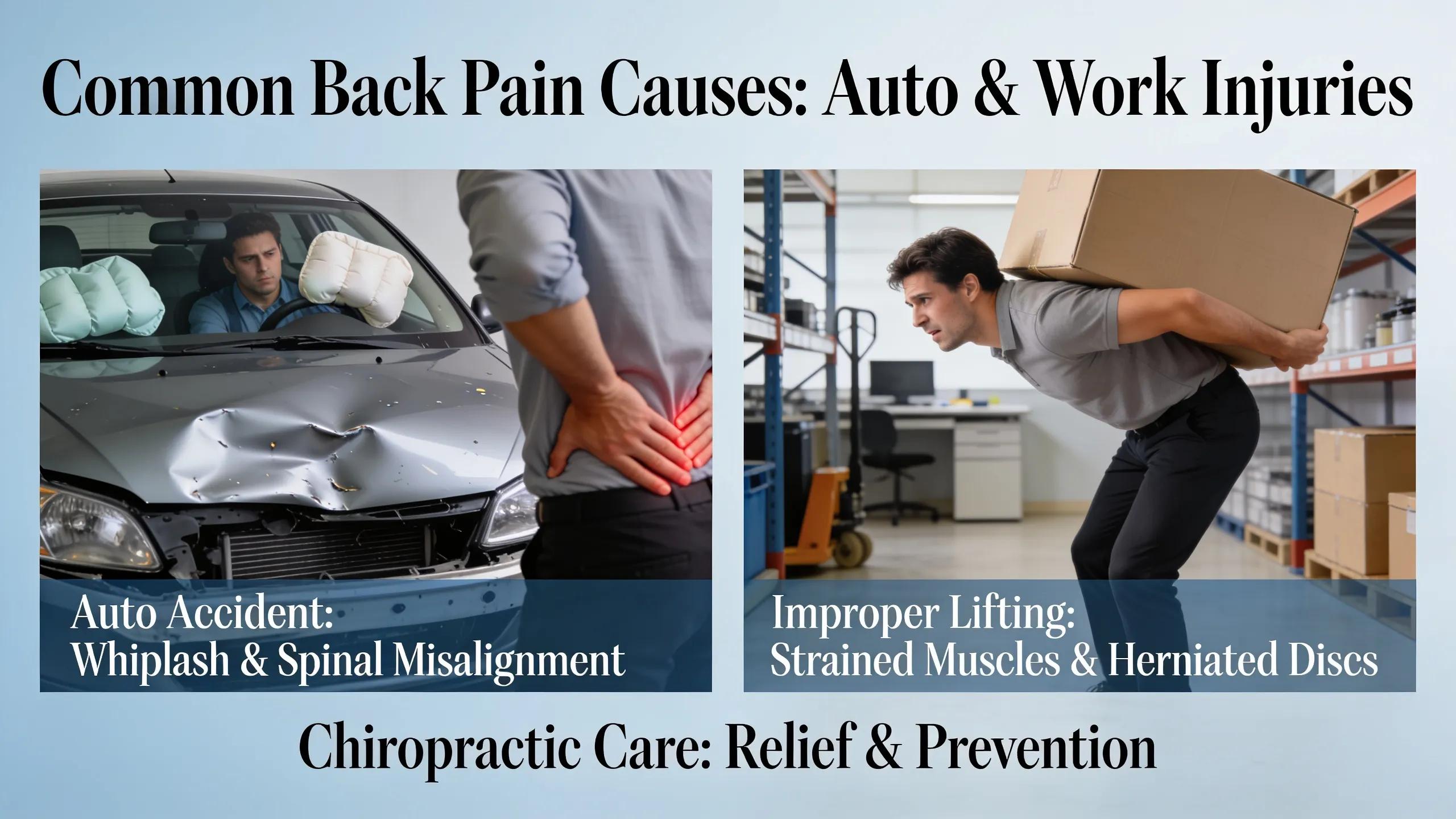 Illustration of auto accident injury and workplace lifting injury relevant to back pain