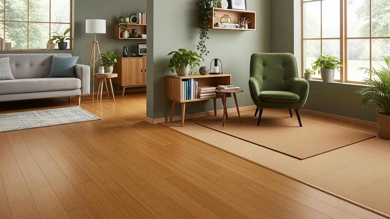 Modern living room featuring luxury vinyl flooring, green accent wall, gray sofa, and stylish green chair, showcasing a blend of comfort and durability in flooring design.