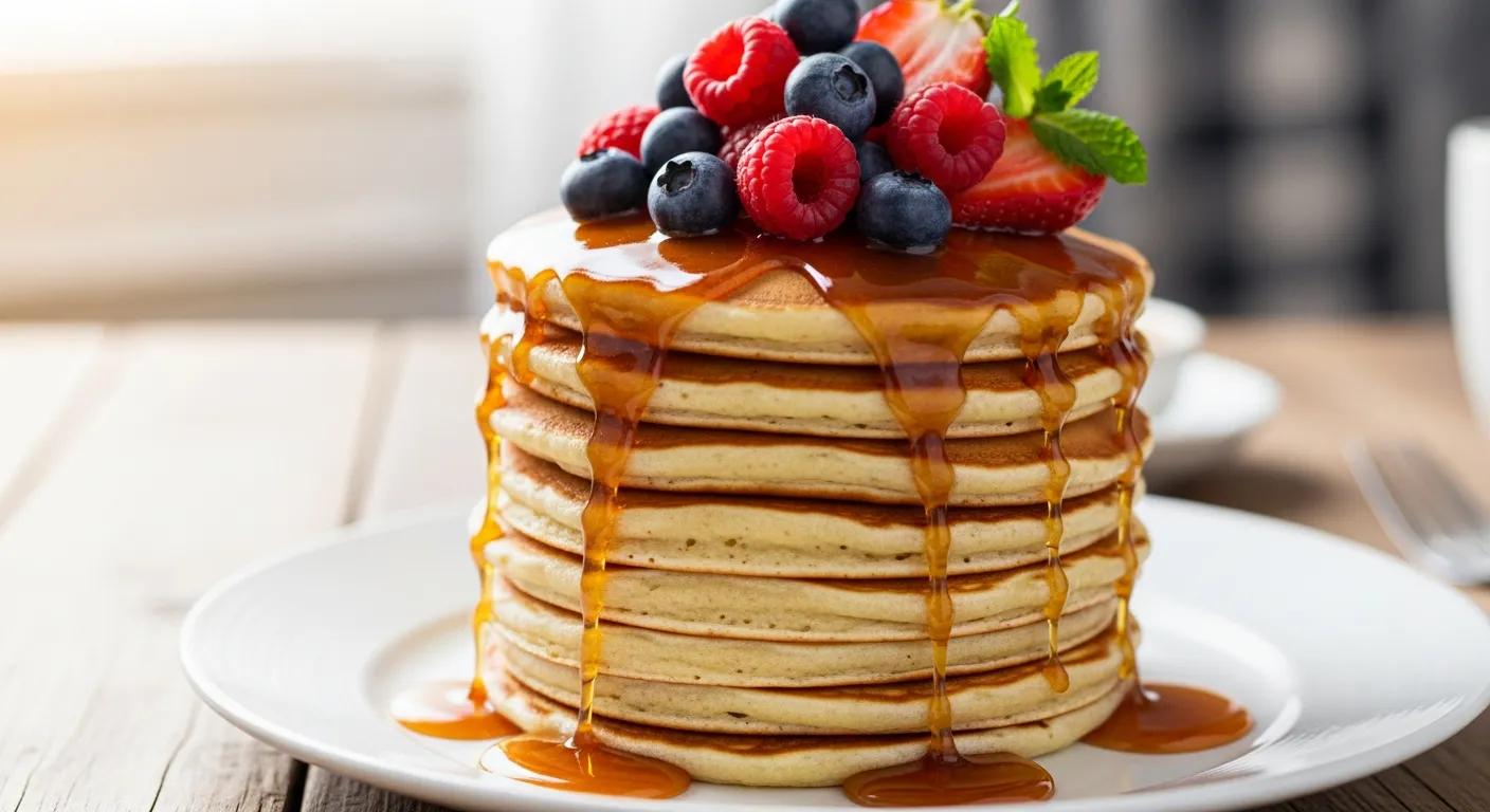 Stack of pancakes drizzled with salted caramel honey, topped with berries