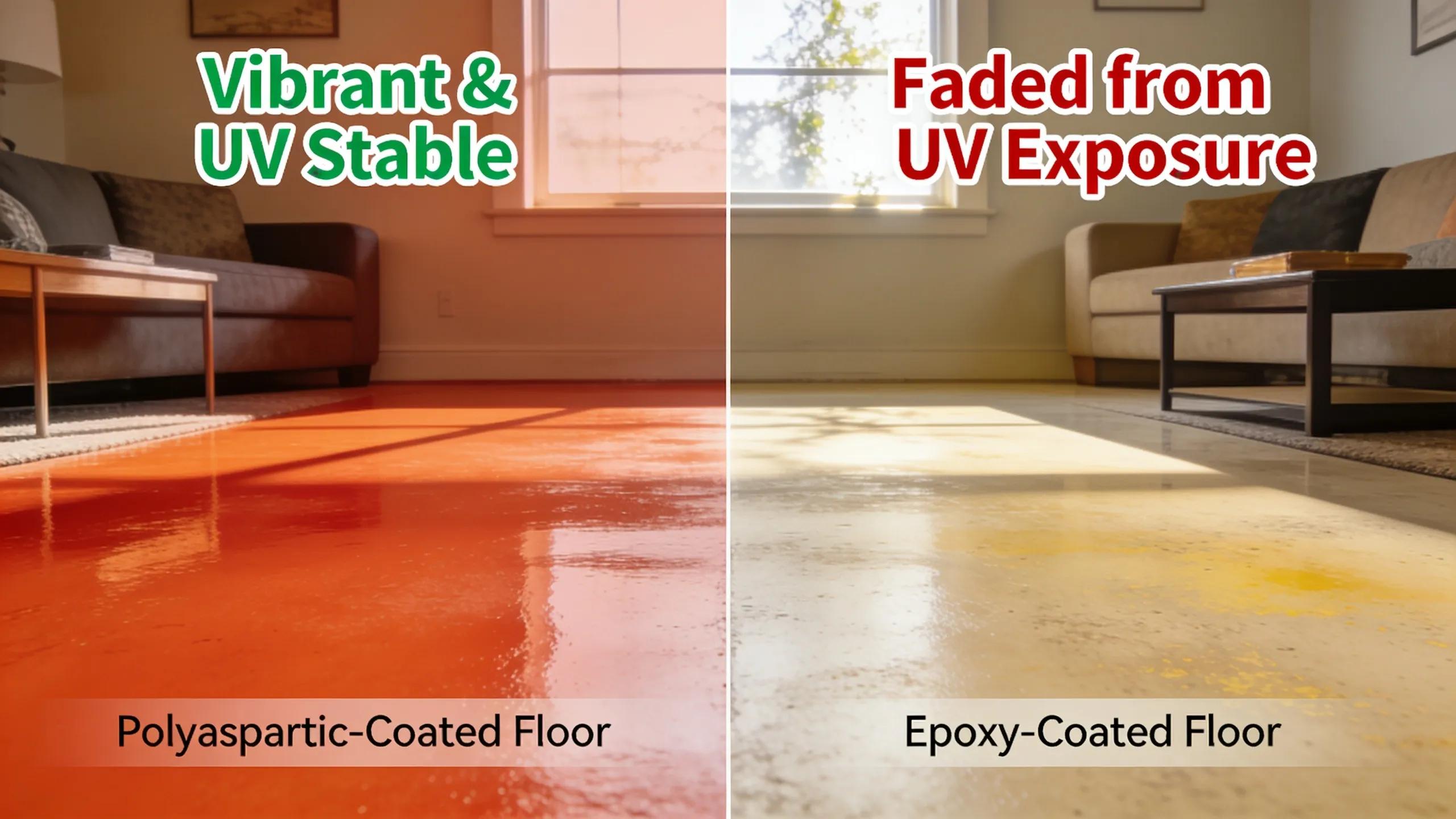 Comparison of polyaspartic and epoxy floor coatings showing superior durability and UV resistance