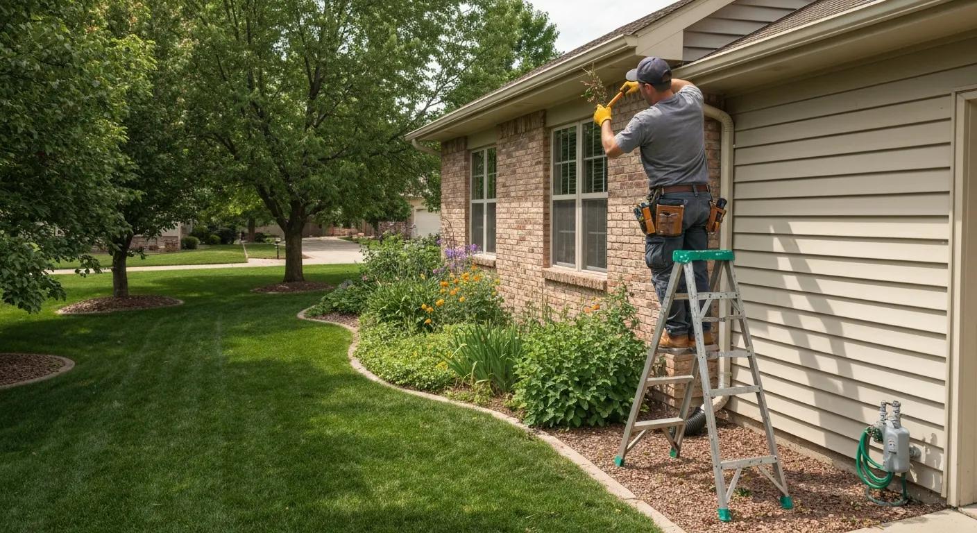 Technician clearing debris from residential gutters in Aurora Technician clearing debris from residential gutters in Aurora