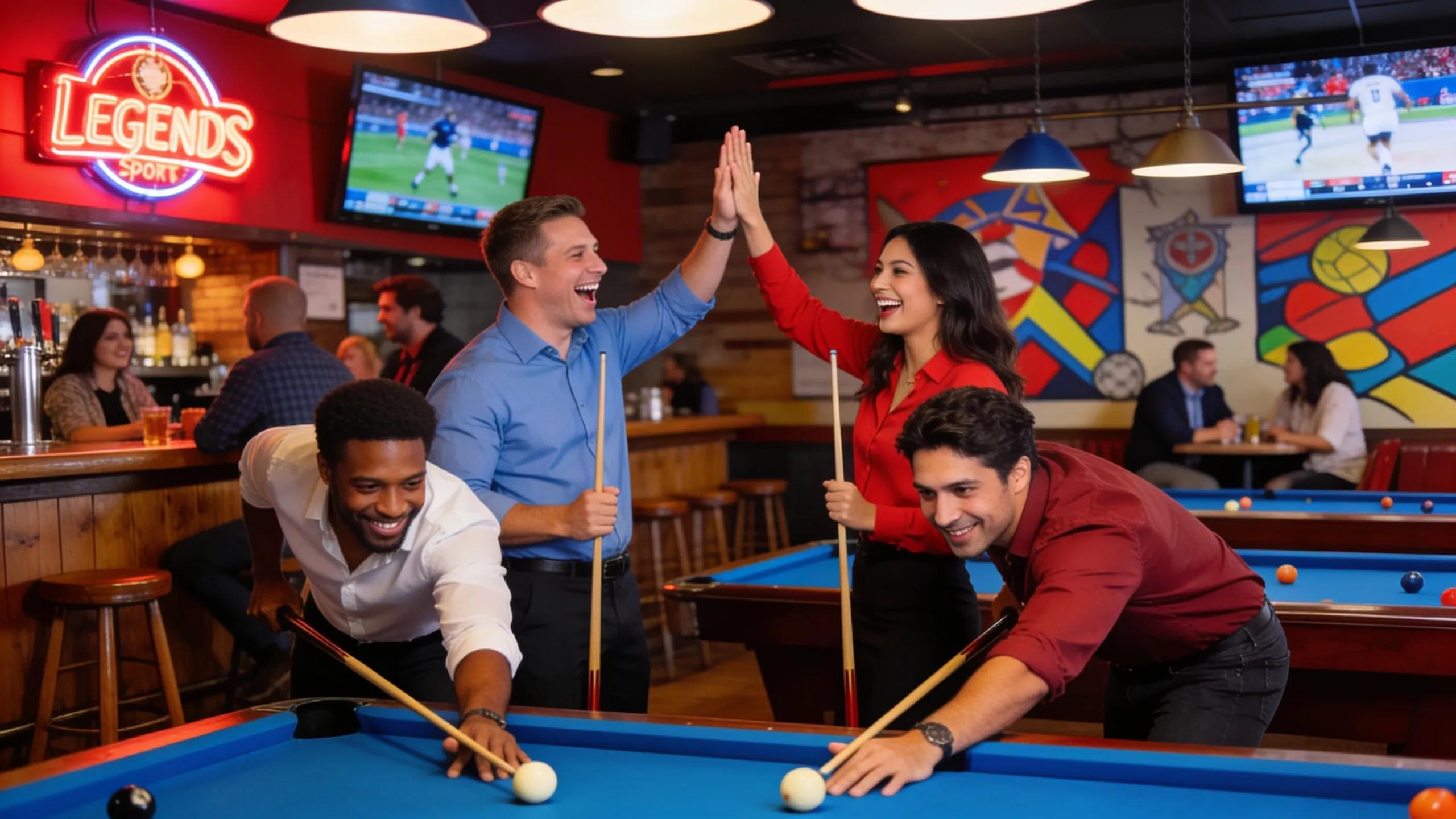 Corporate team building activity at Legends Sports and Pool Bar featuring employees engaged in a pool tournament