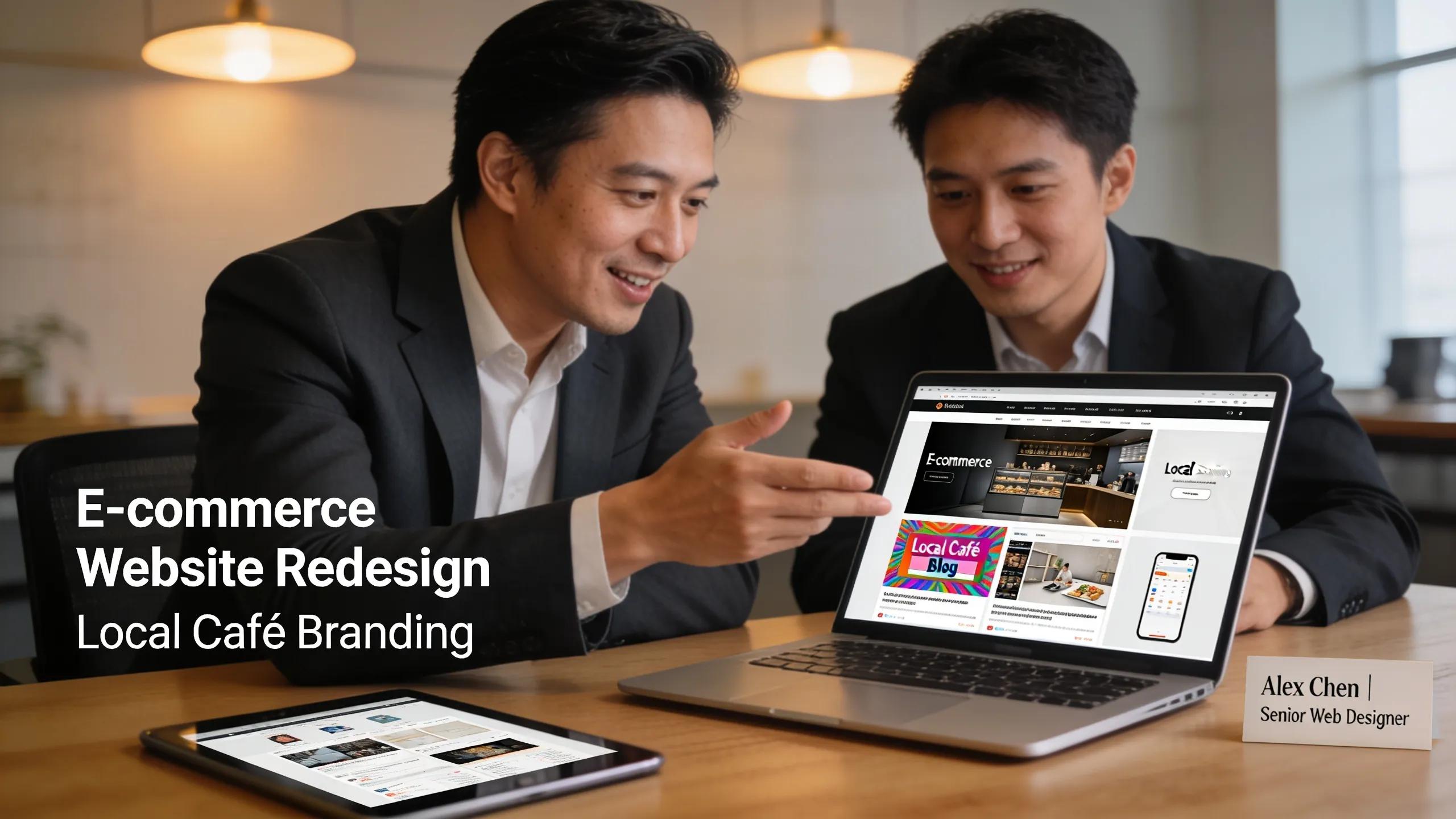Web designer showing portfolio to small business owner in a professional environment