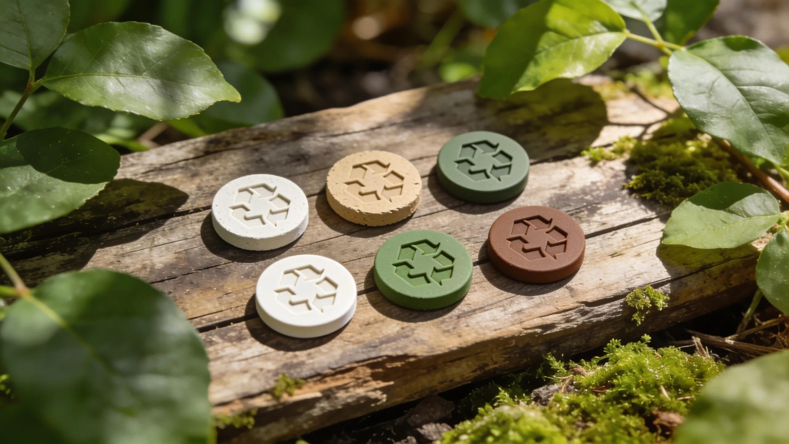 Eco-friendly materials and biodegradable custom magnets displayed in a natural environment, representing innovative trends in sustainable printing.