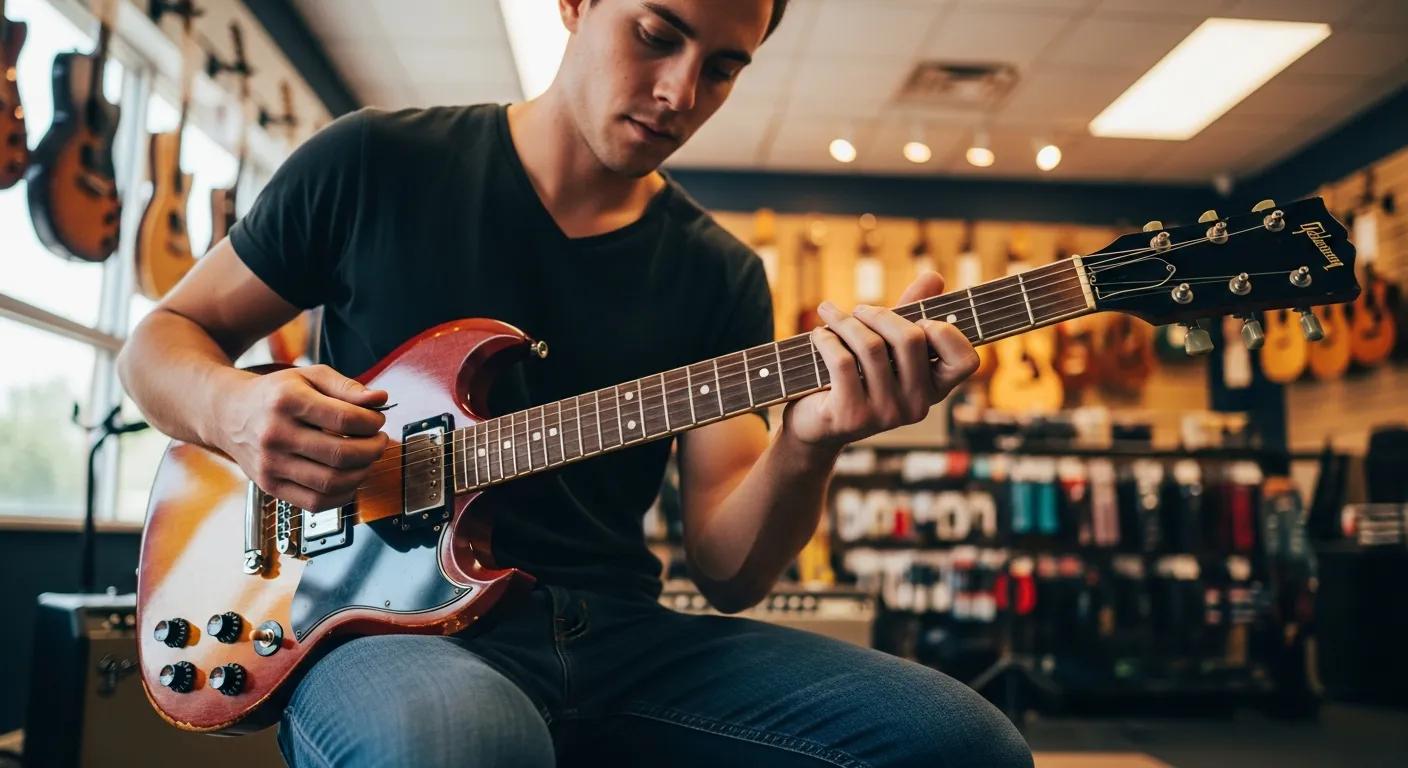 A person inspecting a used electric guitar, focusing on neck and fret evaluation in a well-lit room