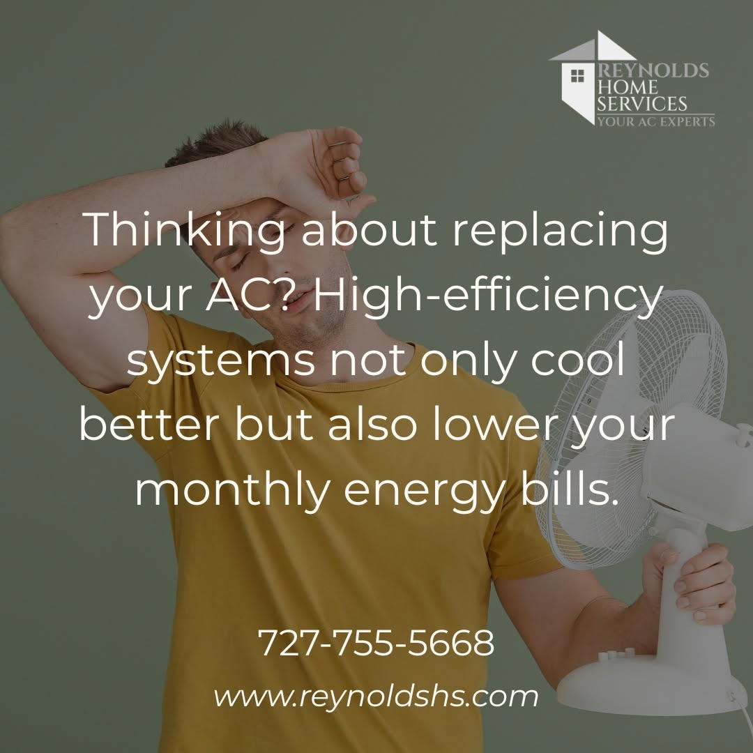 Man thinking about replacing air conditioning, standing next to a fan, with promotional text