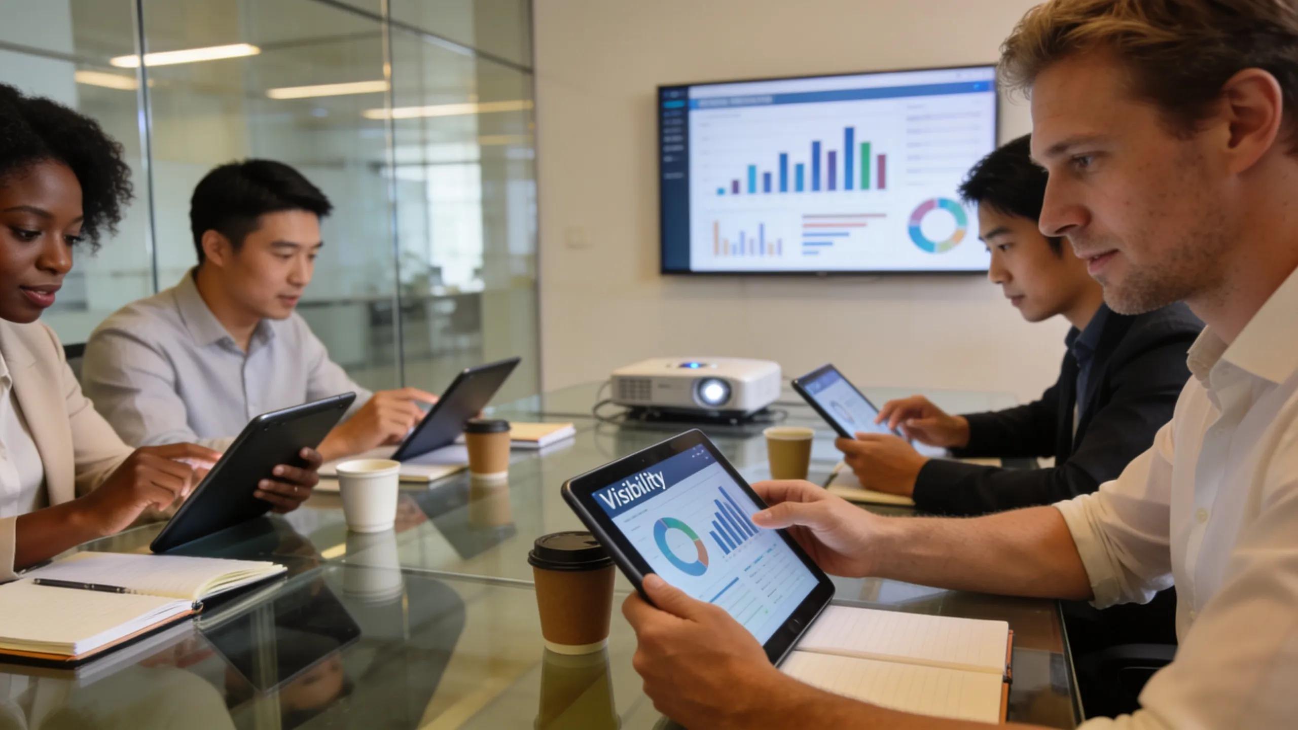 Group of professionals analyzing digital visibility reports in a stylish conference room, symbolizing teamwork and strategy.