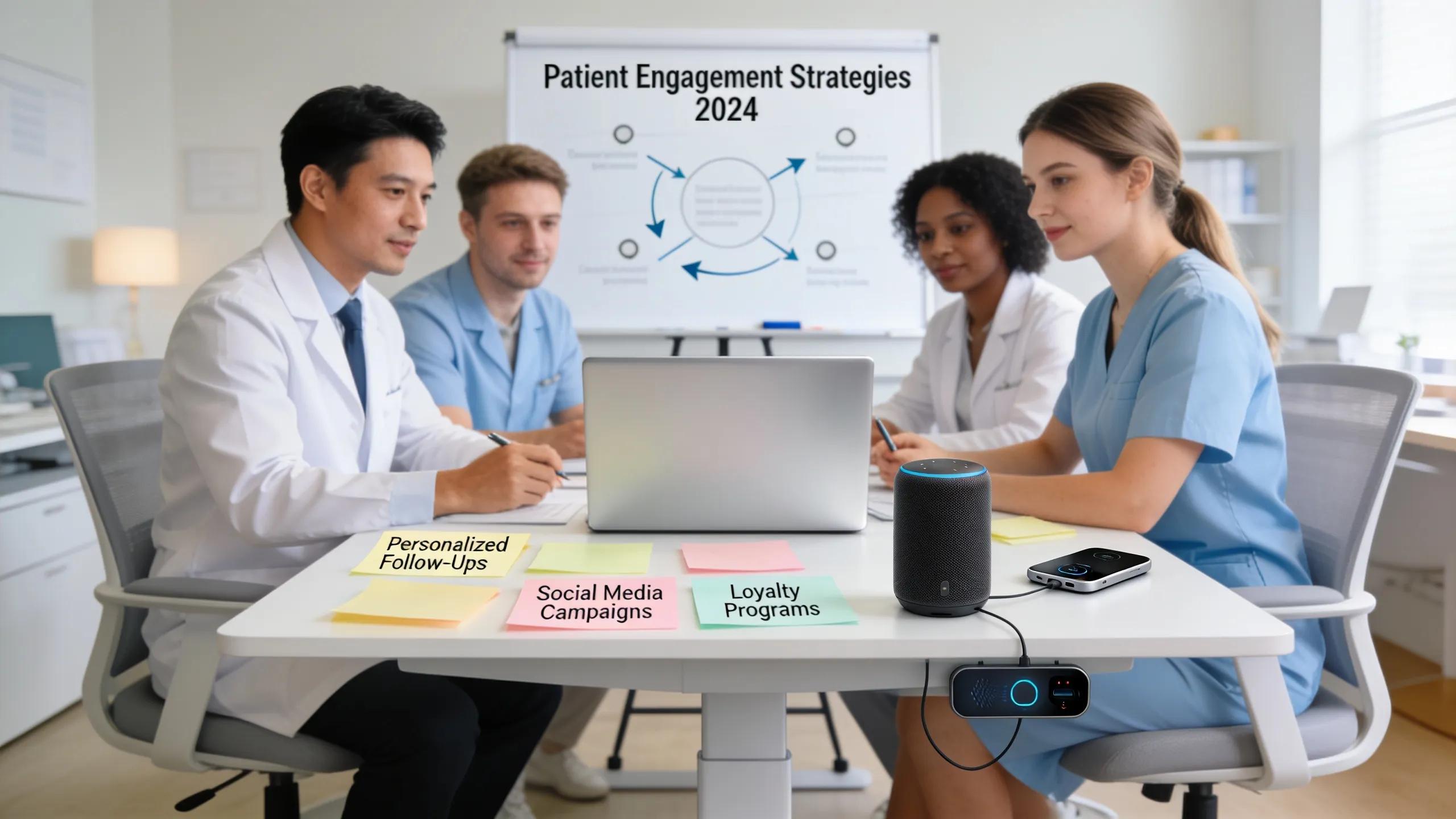 Medical spa team discussing patient engagement strategies and automation with AI chatbot and laptop.