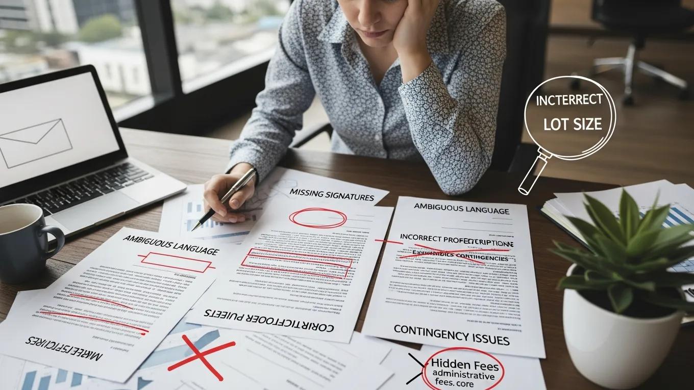 Person reviewing a real estate contract at a desk, illustrating common contract problems