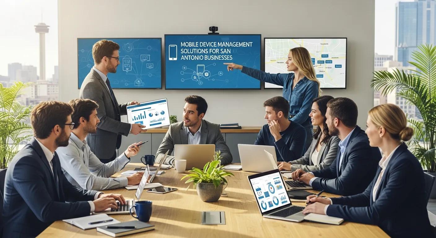 Team of professionals collaborating in a modern office with multiple computers - Mobile Device Management Solutions for San Antonio Businesses
