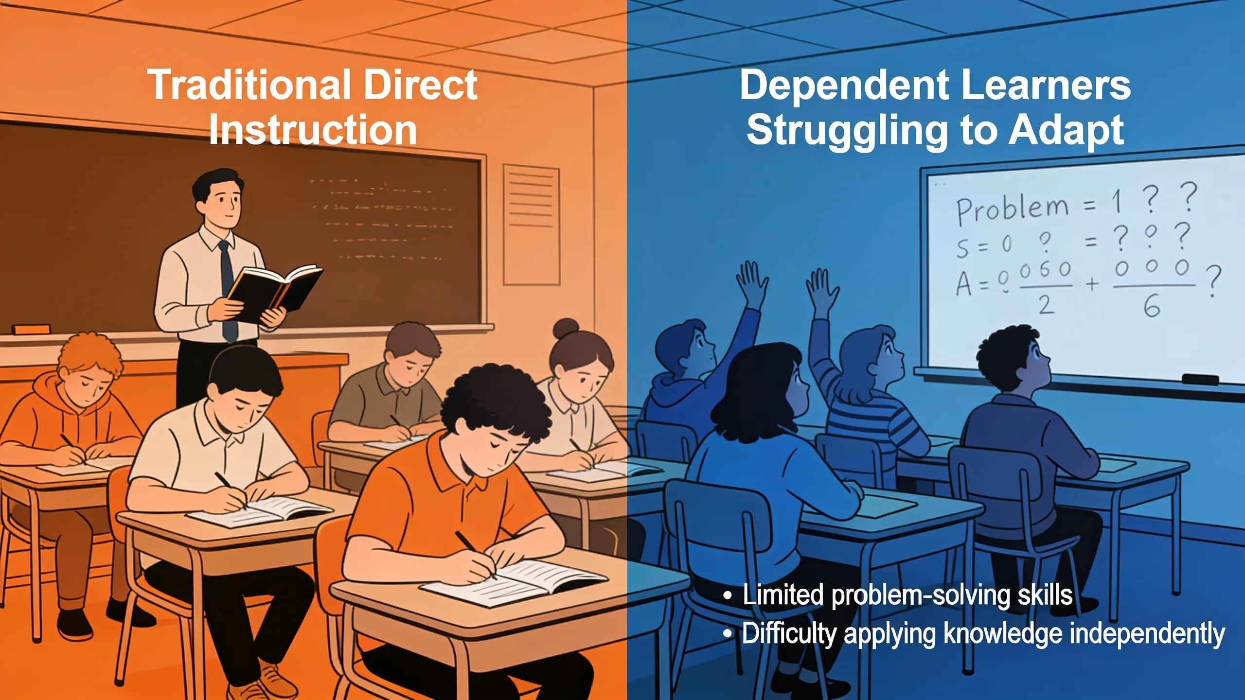 Traditional direct instruction can unintentionally condition students as dependent learners who struggle to adapt