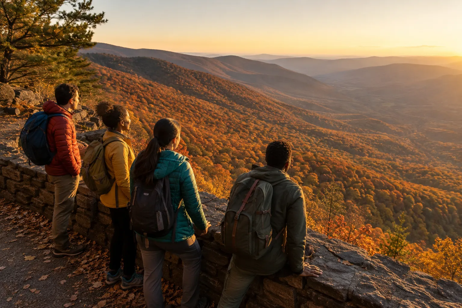 Hikers on Skyline Drive near Front Royal with panoramic views of the Shenandoah Valley stretching below in fall foliage season. Hikers on Skyline Drive near Front Royal with panoramic views of the Shenandoah Valley stretching below in fall foliage season.