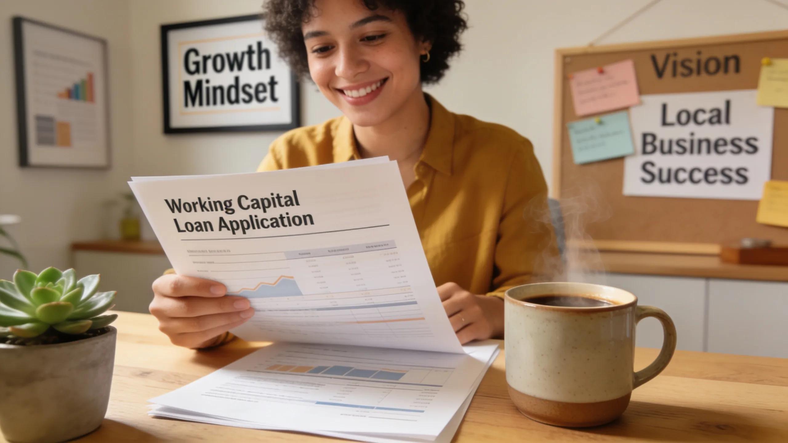 Small business owner reviewing working capital loan options in a cozy Fairfax County office
