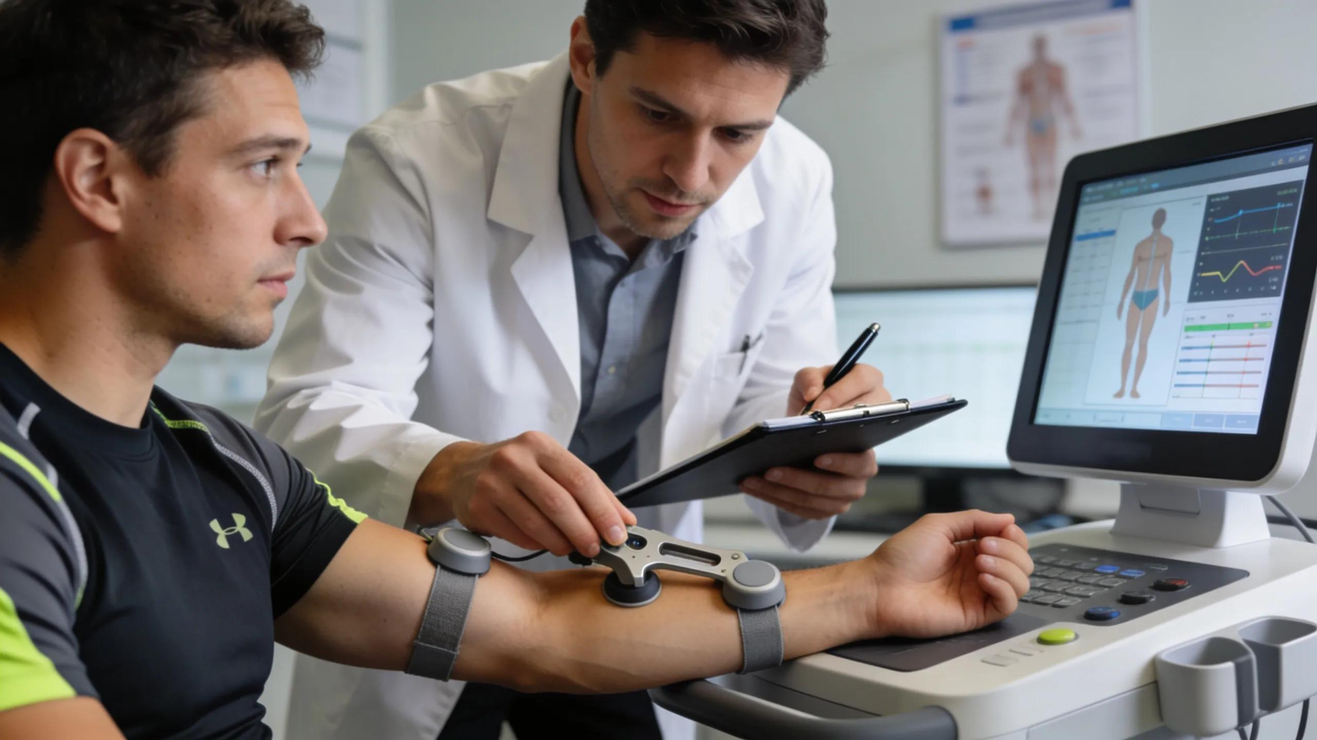 Exercise physiologist performing body composition analysis during a clinical assessment