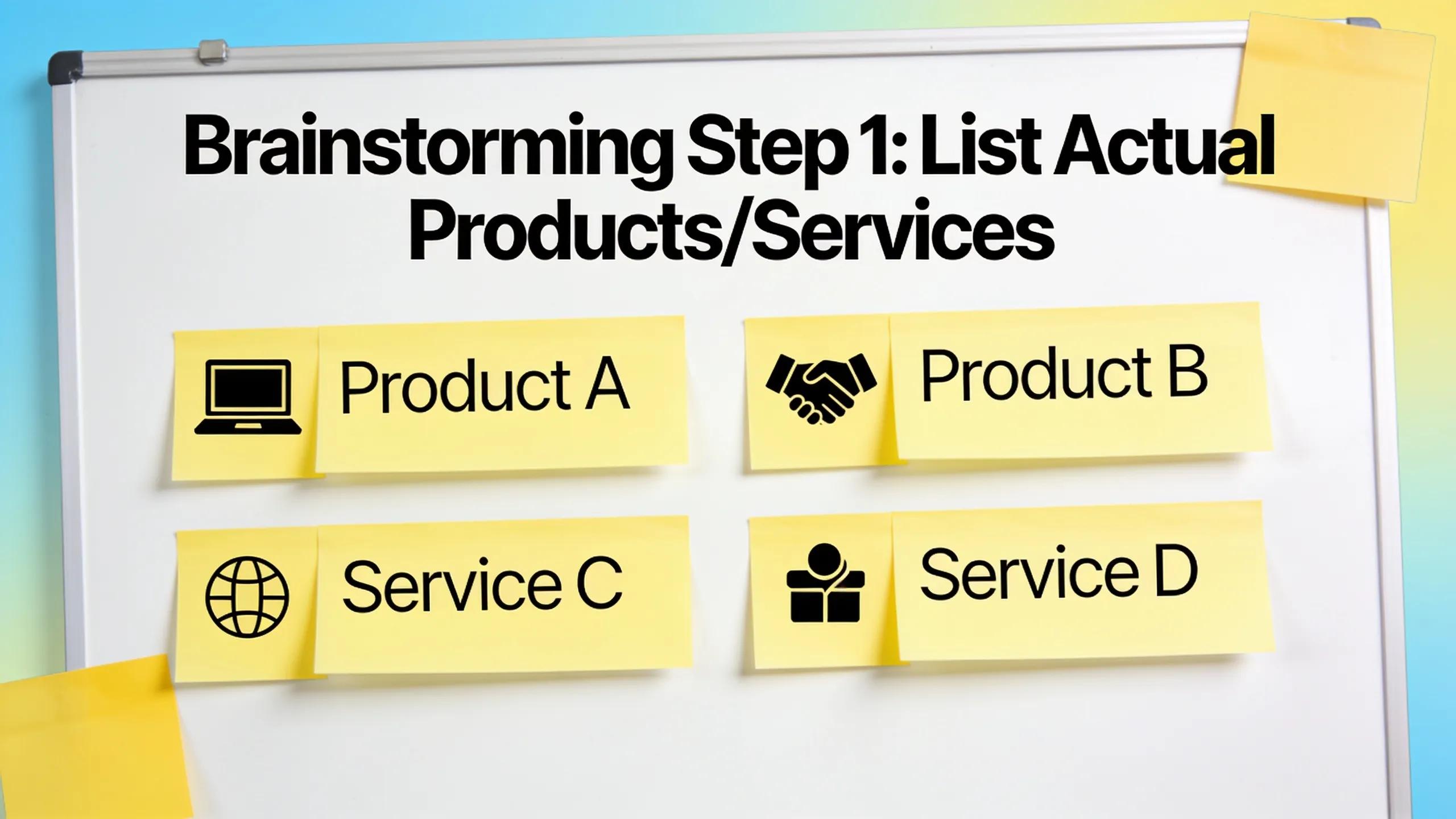 The brainstorming step starts by listing the actual products or services the business sells, then