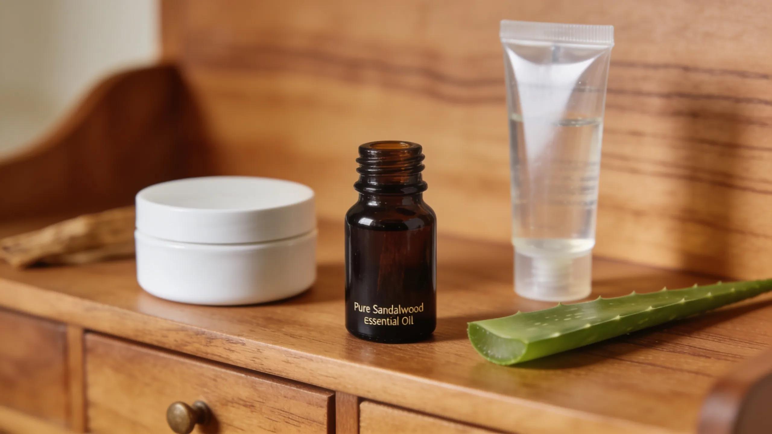 Natural skincare arrangement with sandalwood essential oil, emphasising purity and nourishment Natural skincare arrangement with sandalwood essential oil, emphasising purity and nourishment