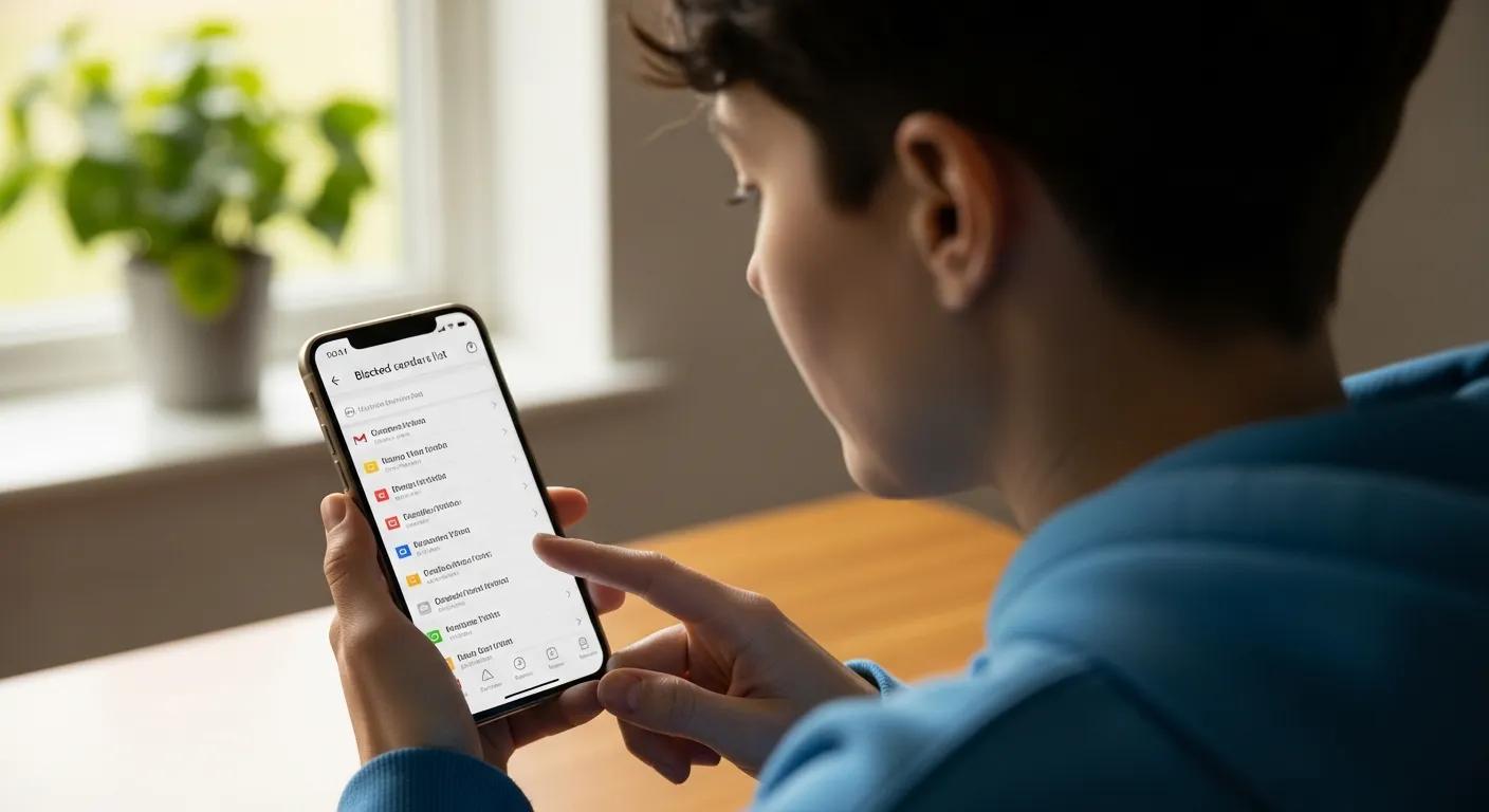 Person checking their blocked senders list on a smartphone Gmail app