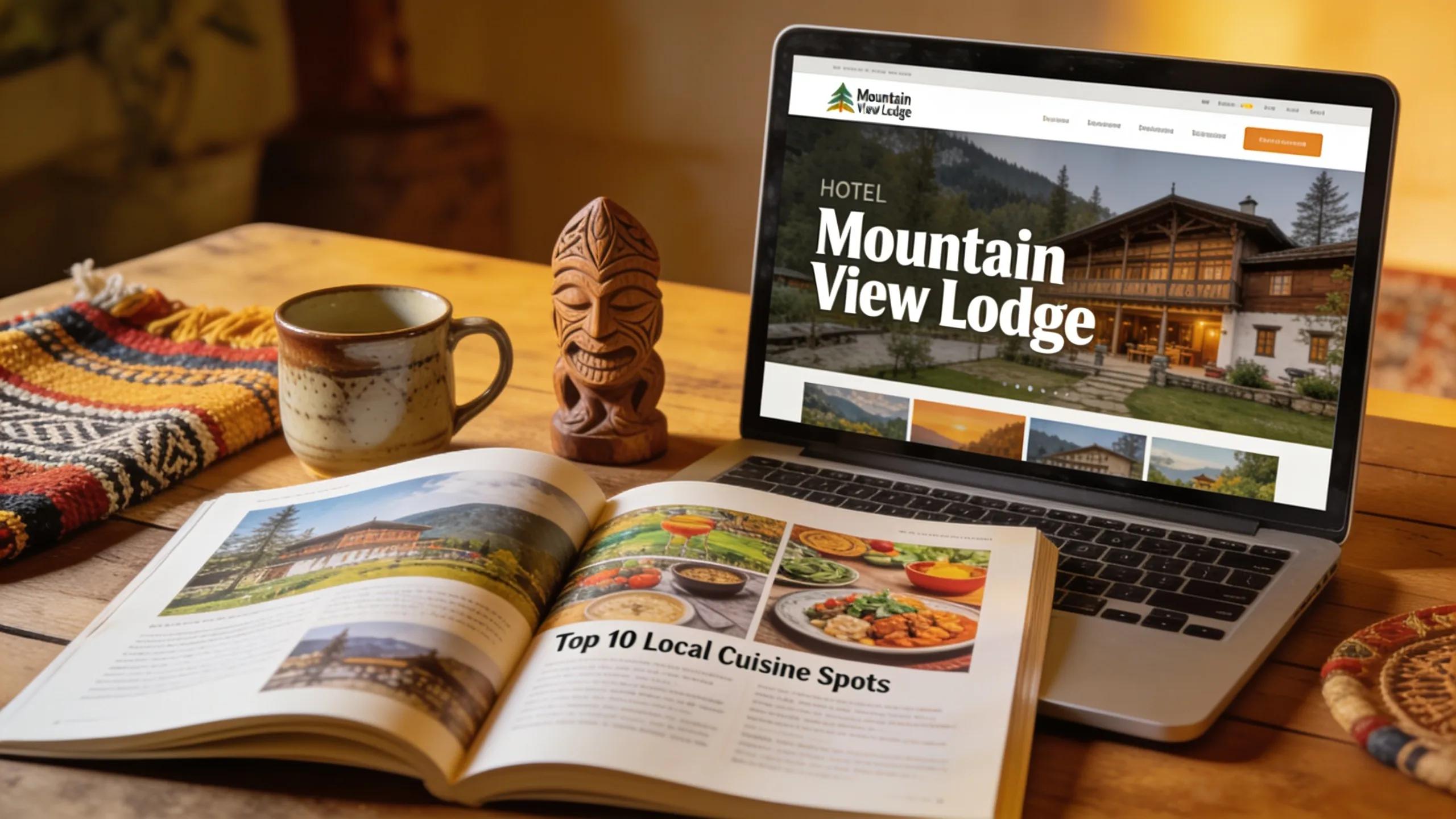 Open travel guidebook with local artifacts promoting tourism