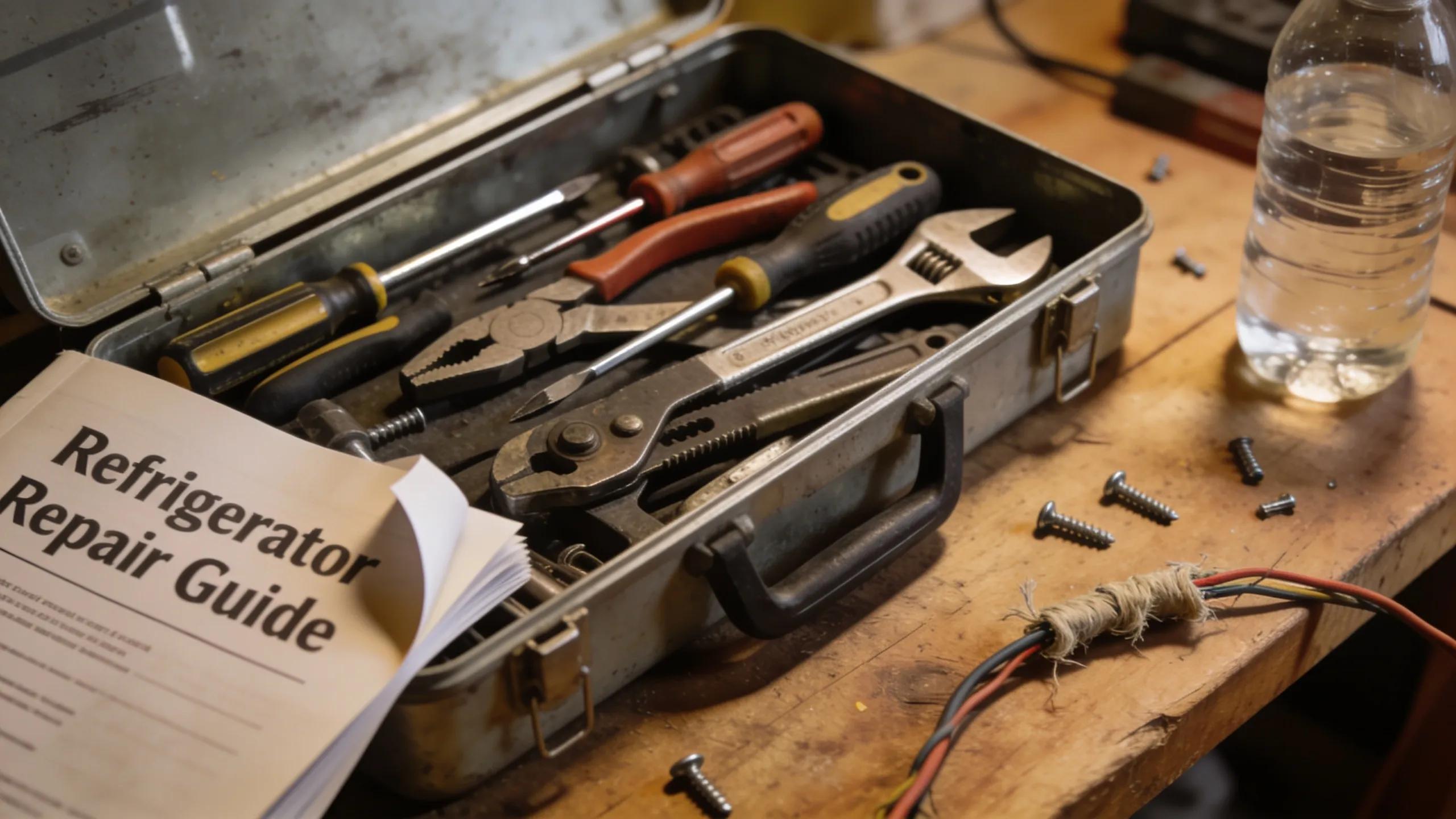 Open toolbox with refrigerator repair tools, illustrating the hands-on nature and potential risks of DIY repairs