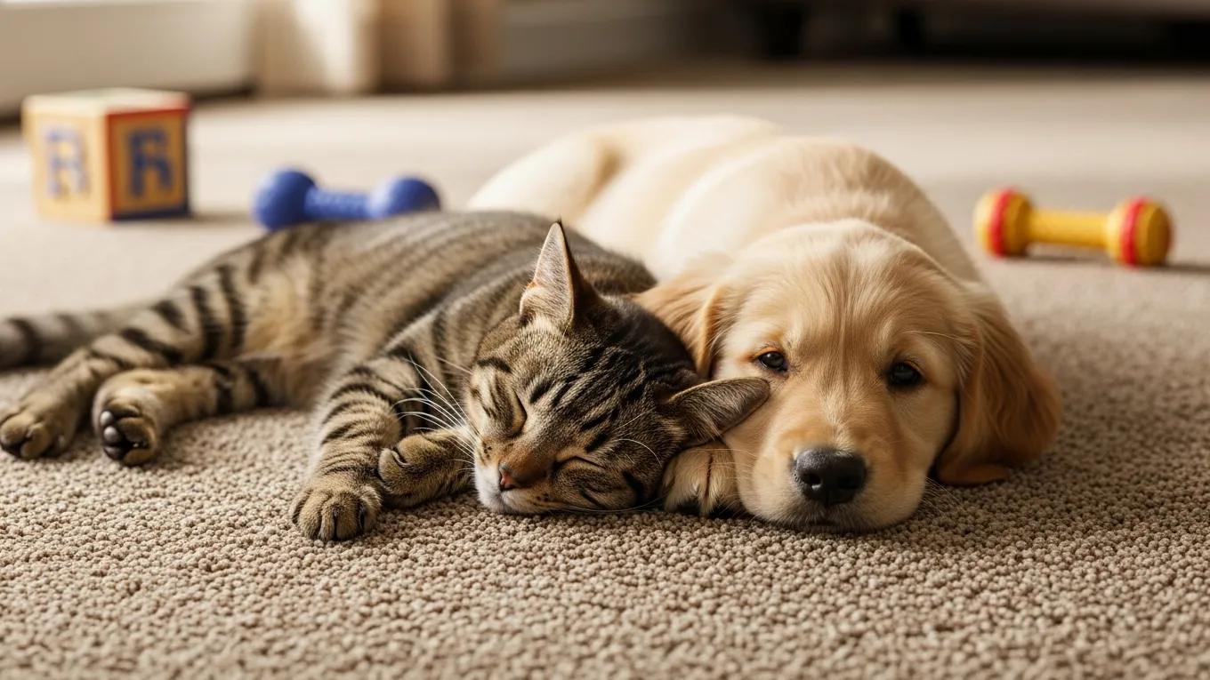 Golden retriever puppy and tabby cat resting together on soft carpet, illustrating pet-friendly features of durable, stain-resistant carpets suitable for families.