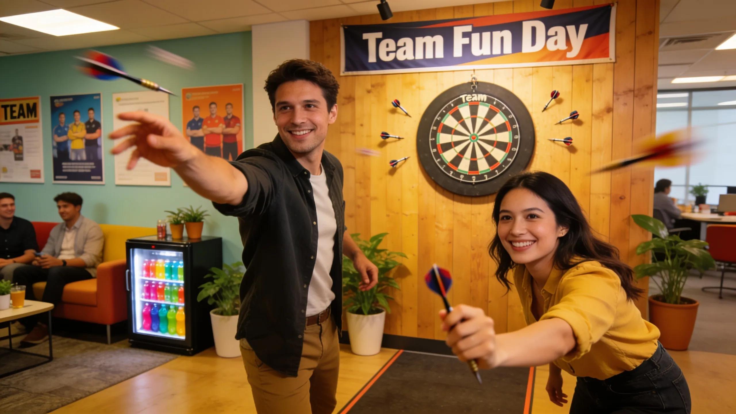 Colleagues competing in a darts game at Legends, enhancing collaboration and workplace morale during team building activities