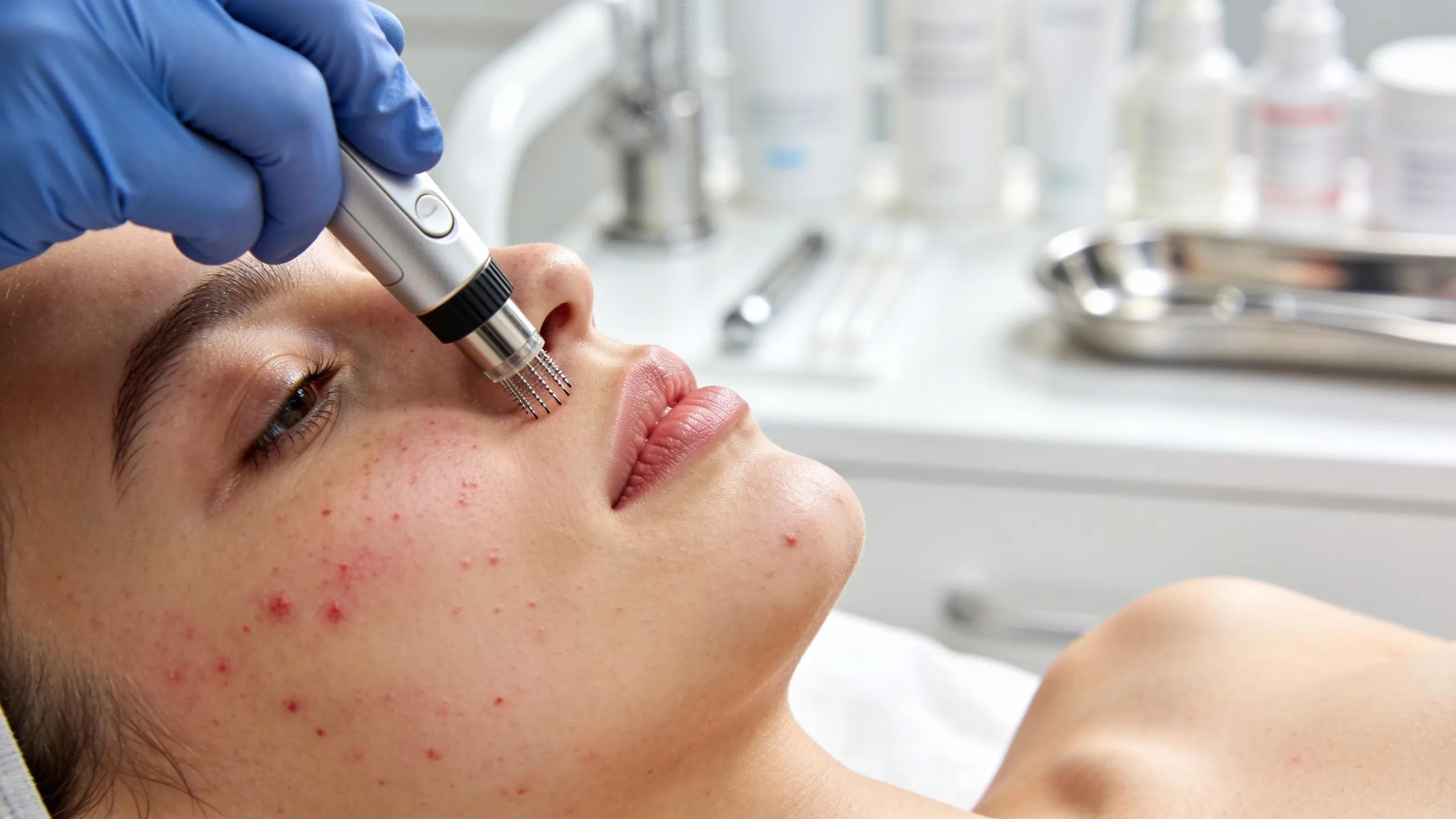 Microneedling procedure for acne scar treatment in a modern dermatology clinic