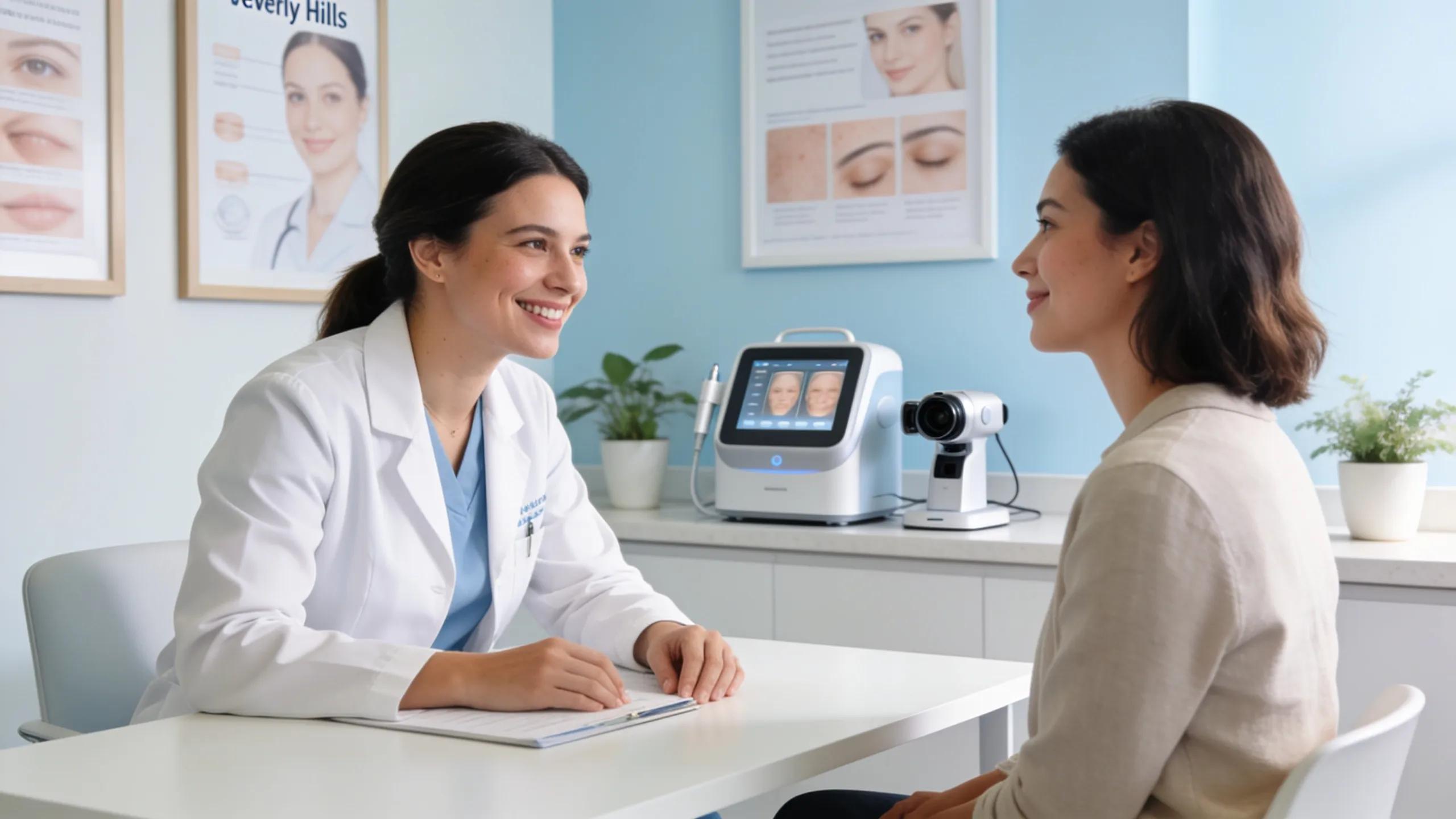 Dermatologist consulting with a patient about acne scar treatments in a modern clinic