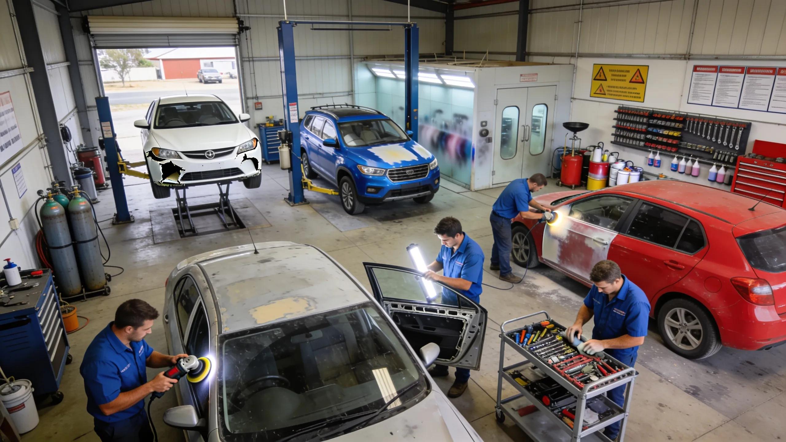Panel beater shop in Muswellbrook featuring technicians and cars for repair