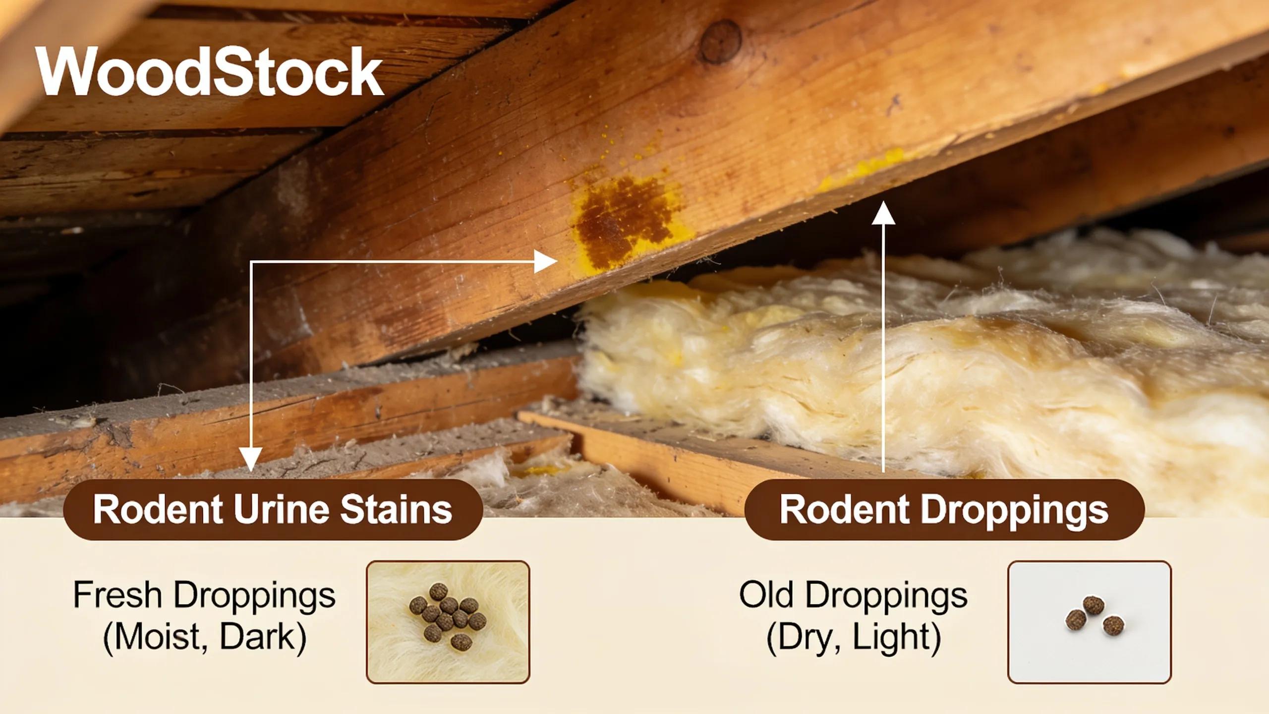 To identify signs of rodent urine and droppings in a Woodstock attic, look for the