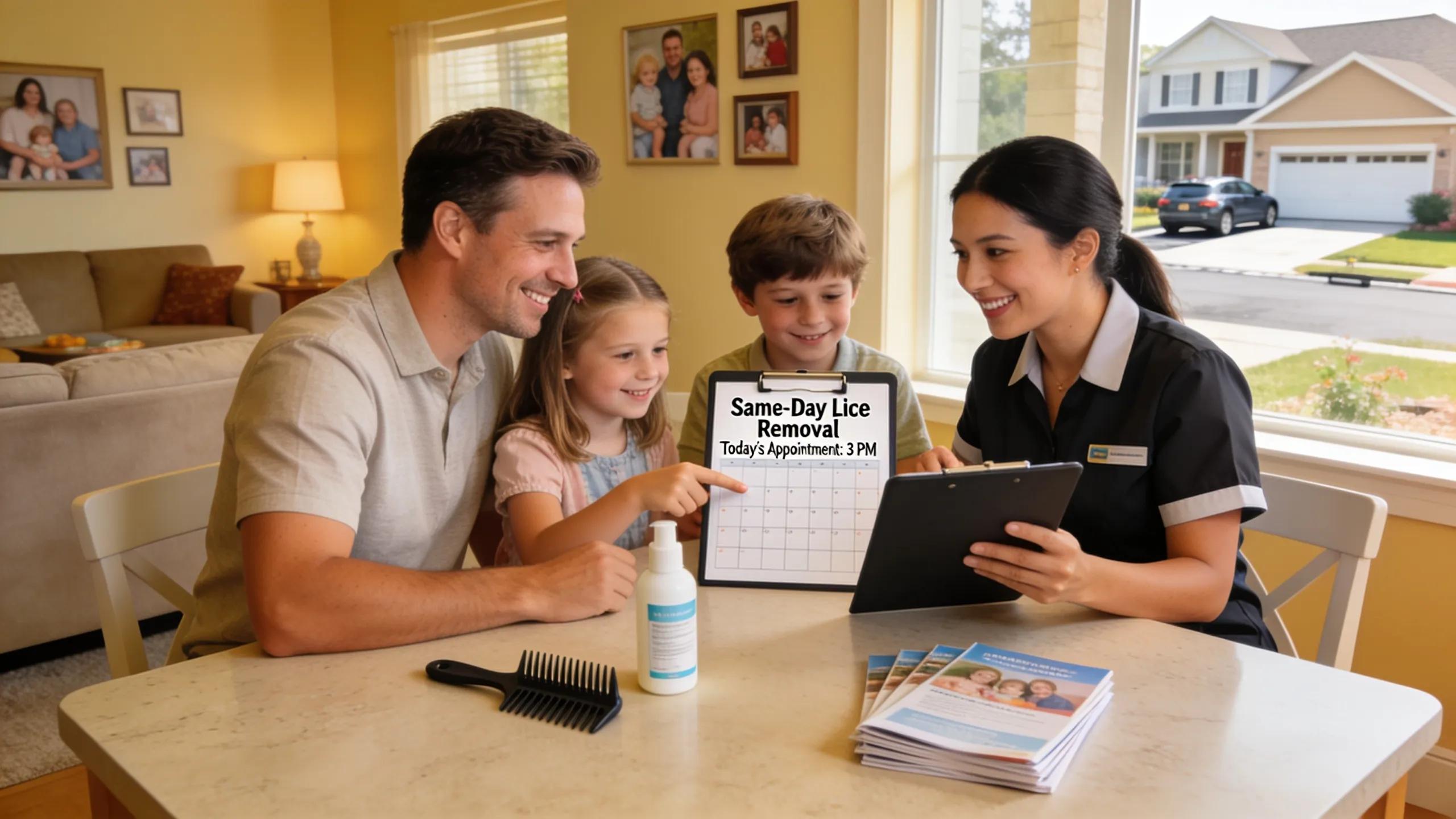 Family scheduling a same-day mobile lice removal service consultation at home in Metro Atlanta Family scheduling a same-day mobile lice removal service consultation at home in Metro Atlanta
