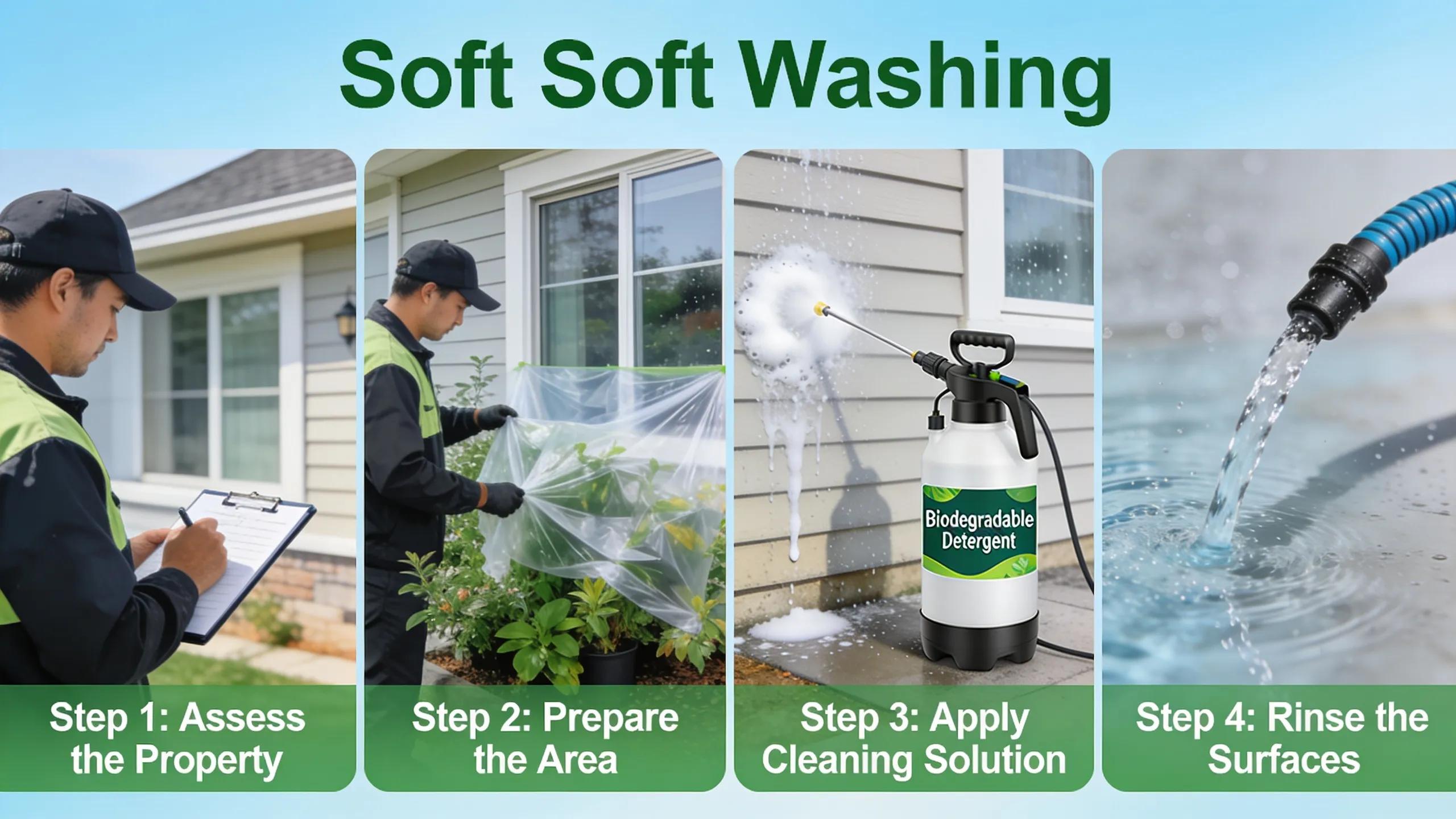 Key steps in the soft washing process including assessment, preparation, application, and rinsing