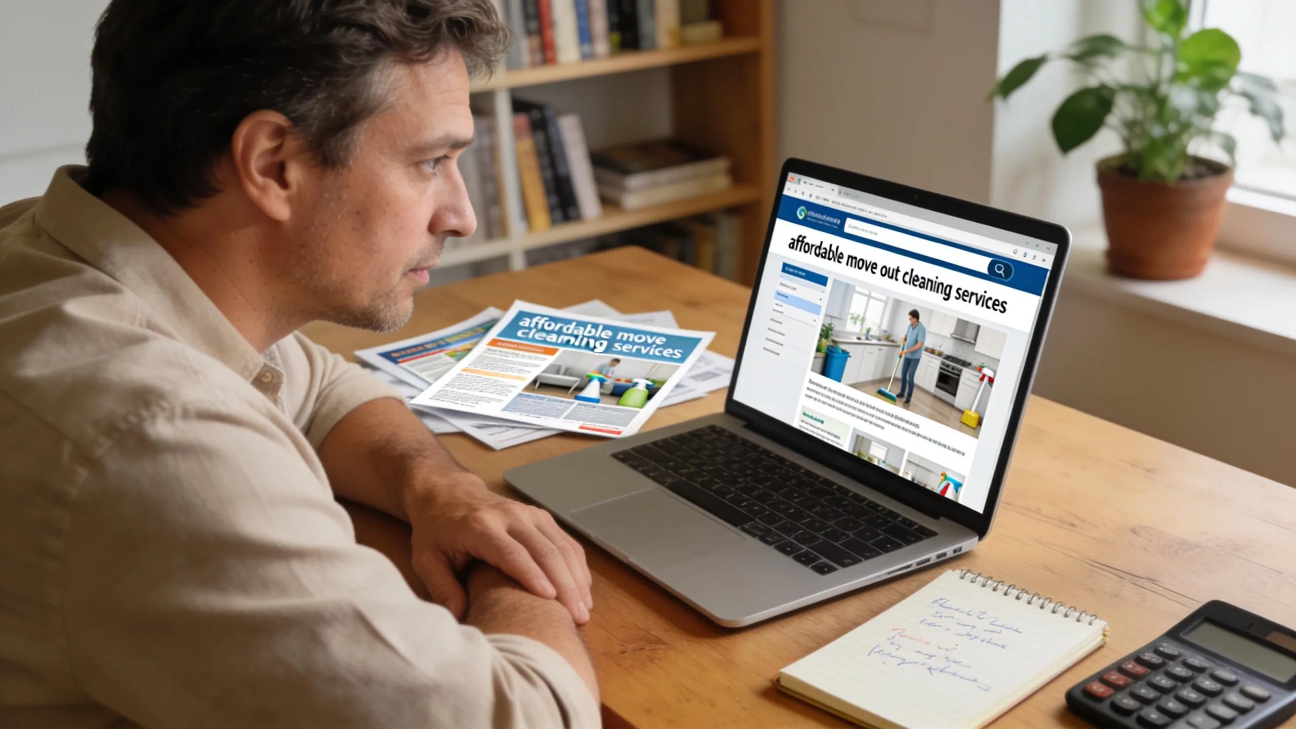 Homeowner researching affordable move out cleaning services at a desk