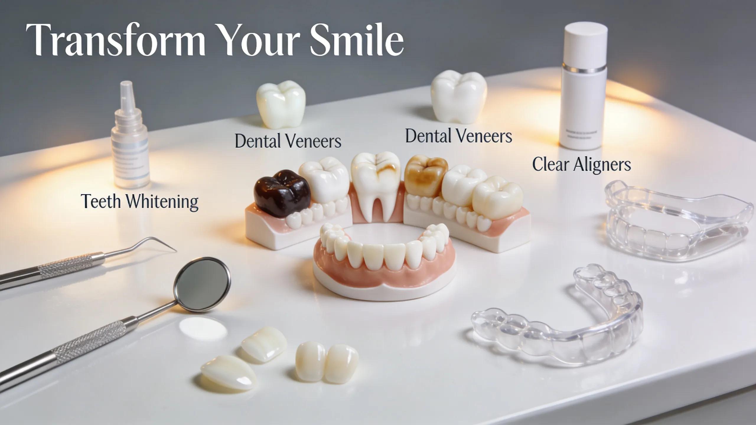 Various cosmetic dental treatments displayed on a polished surface highlighting options like whitening and veneers