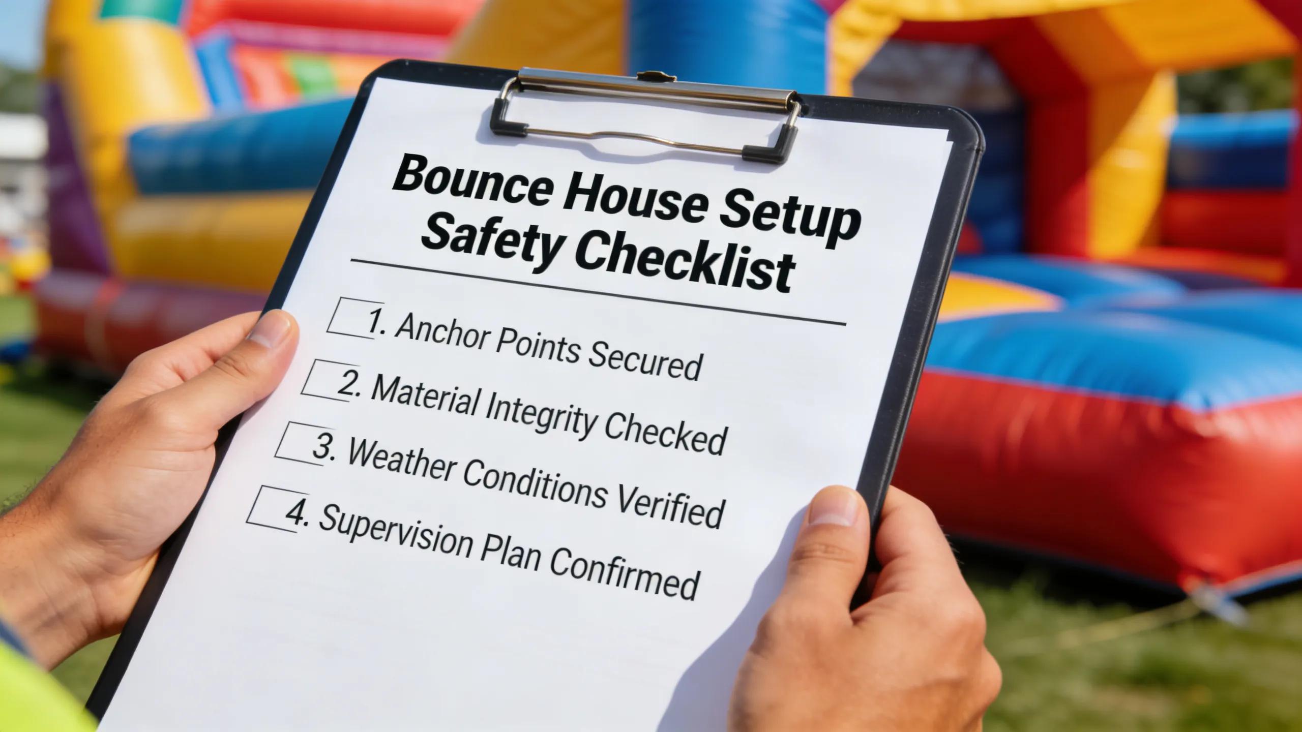 Safety checklist for bounce house setup being reviewed with an inflatable structure in the background