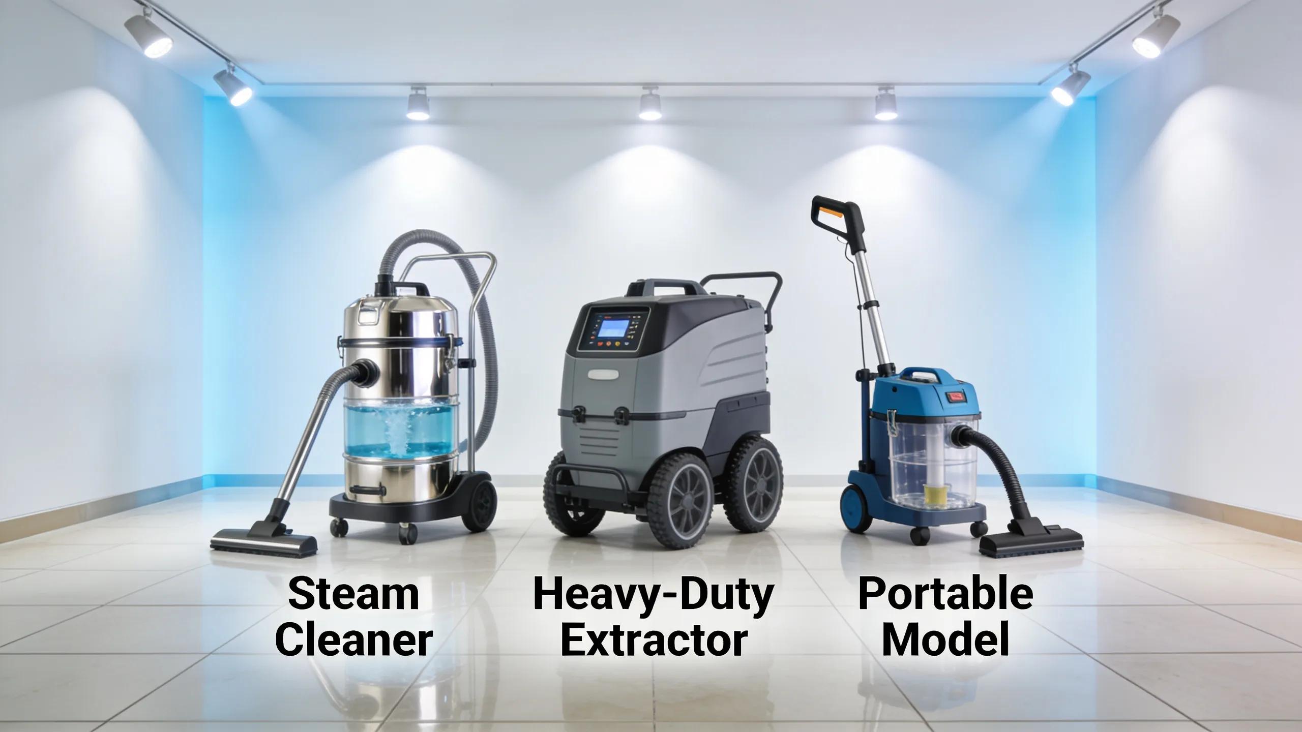 Variety of carpet cleaning machines available for renting including steam cleaners and extractors.