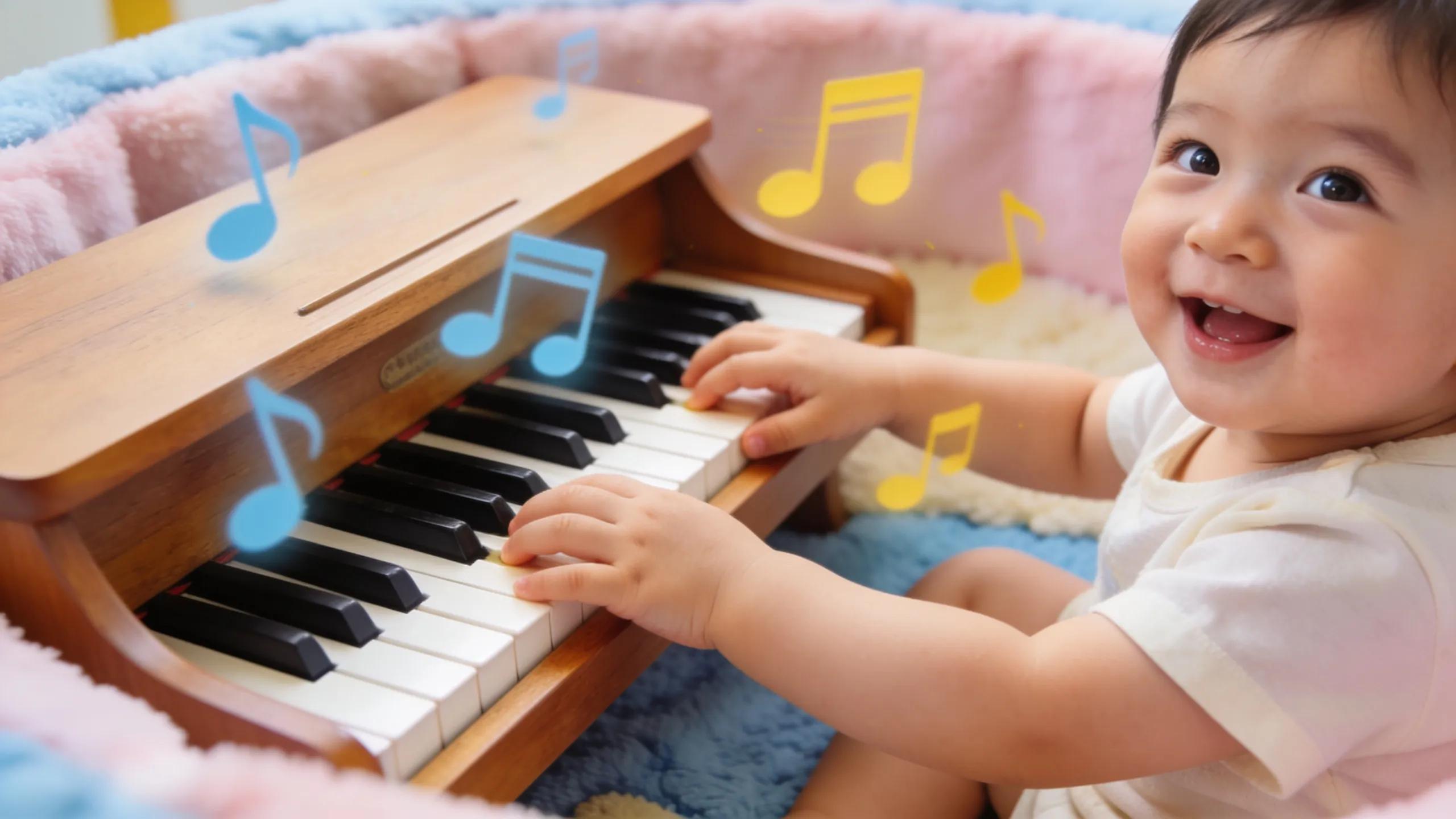 Toddler playing piano, illustrating benefits of music in early childhood development