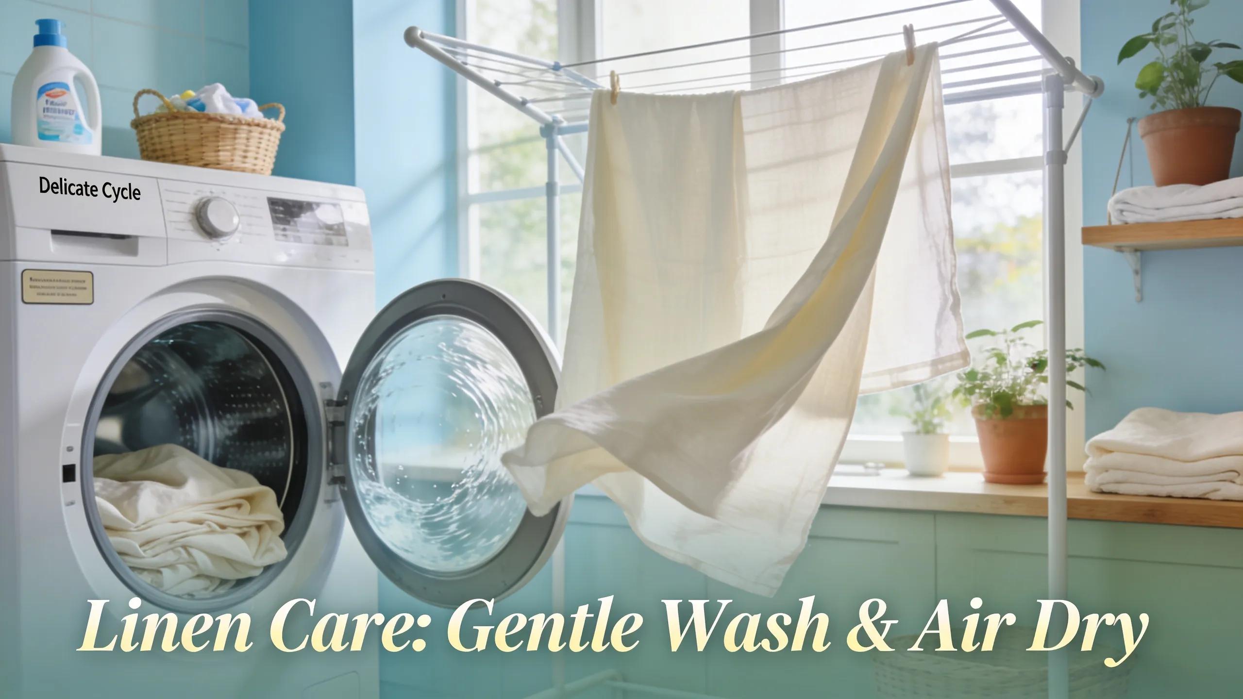 Correct care techniques for linen sheets in a laundry setting, showcasing washing and air-drying procedures
