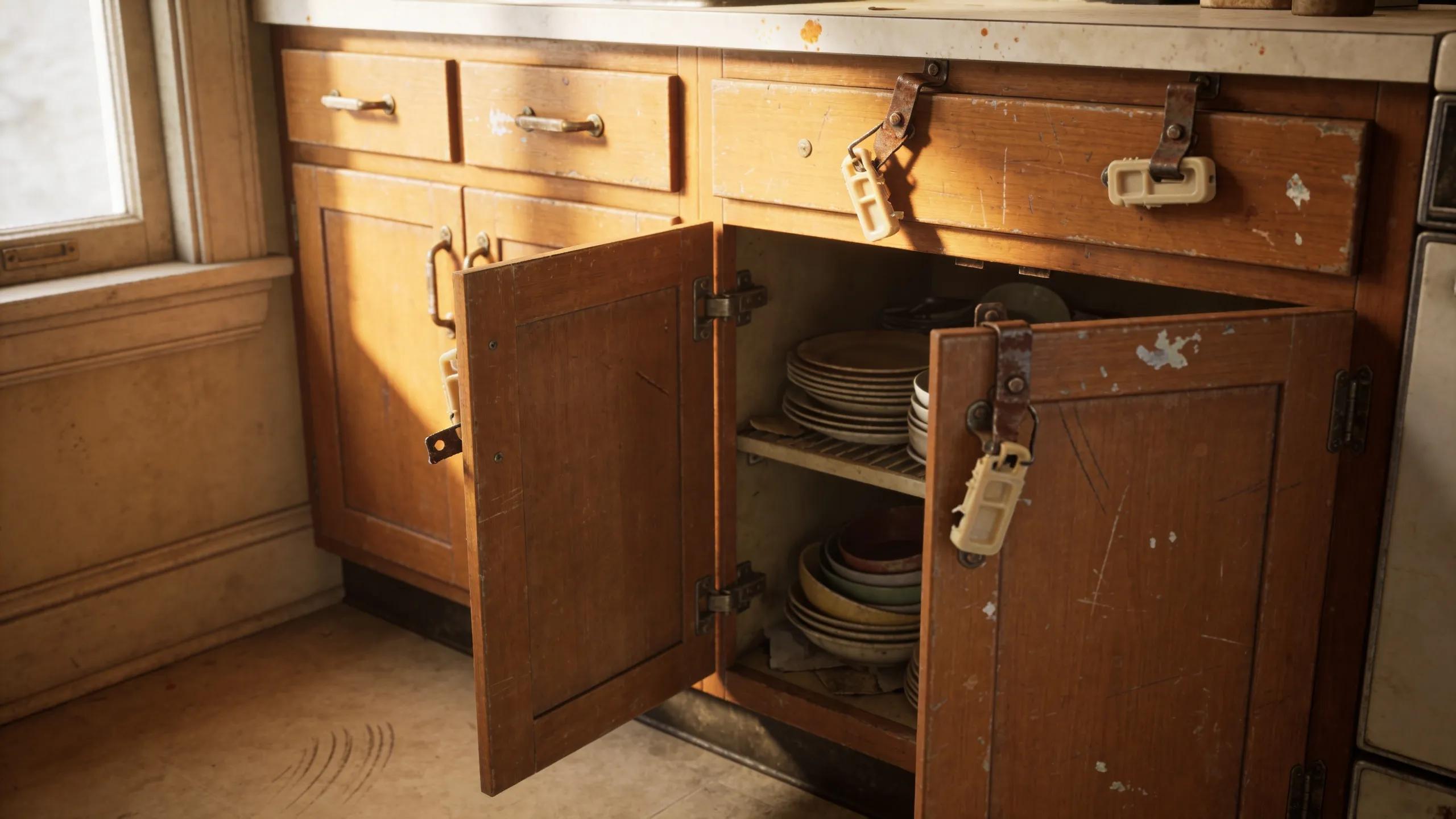 Outdated kitchen cabinets showing visible wear and functionality issues such as scratches and broken pulls, indicating the need for replacement