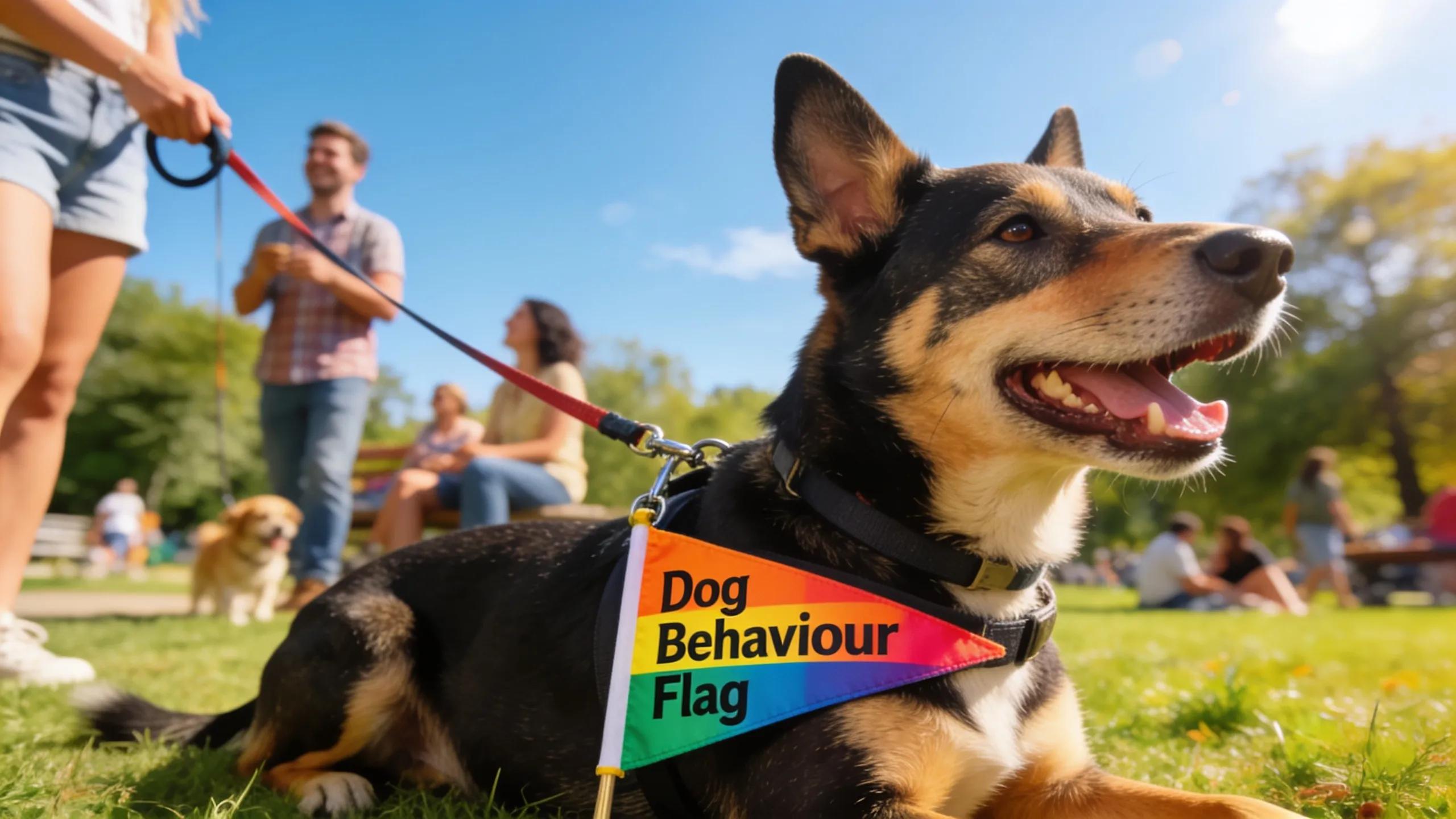 Friendly dog with colourful Dog Behaviour Flag in a sunny park setting