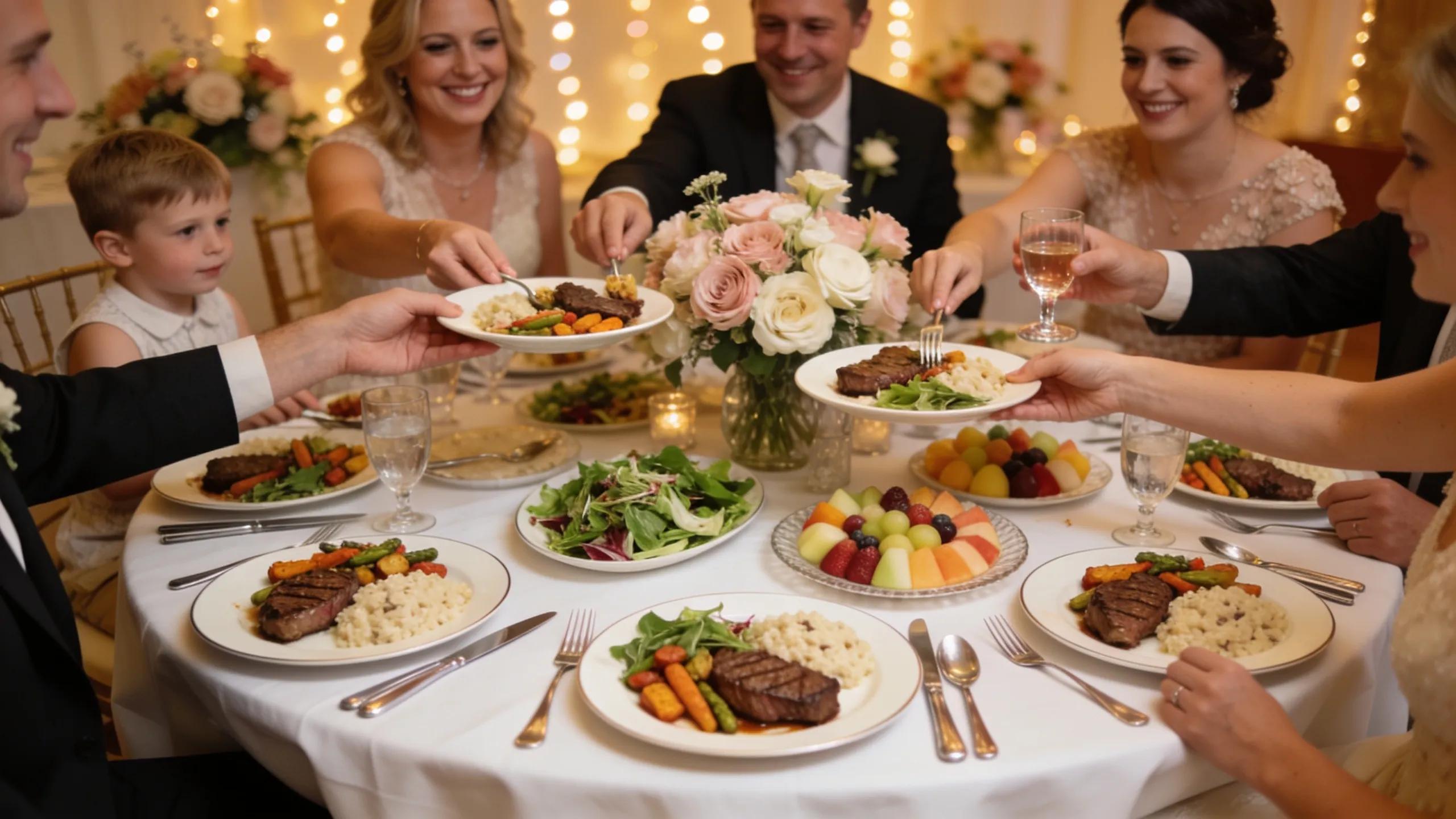 Family-style wedding dinner table beautifully set with plated dishes