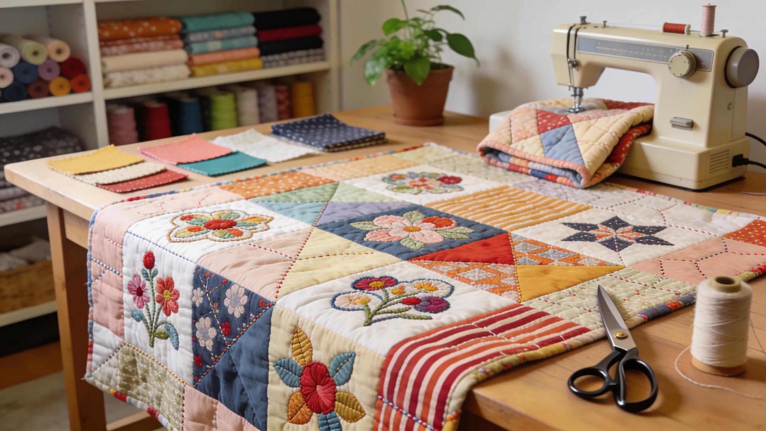 Colorful quilt showcasing both appliqué and piecing techniques with quilting tools in a cozy studio setting