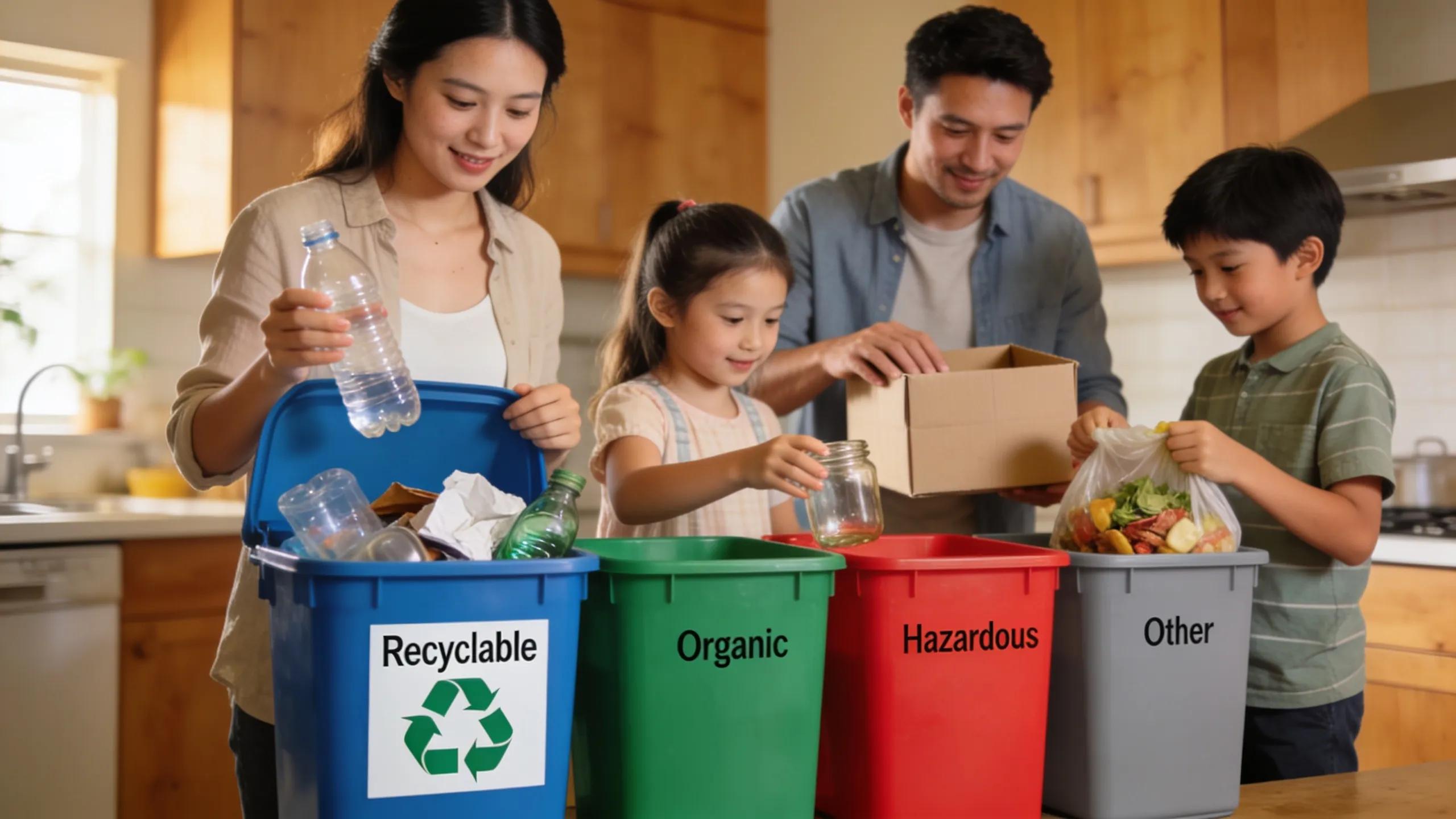 Family actively sorting household waste into various recycling bins in a kitchen