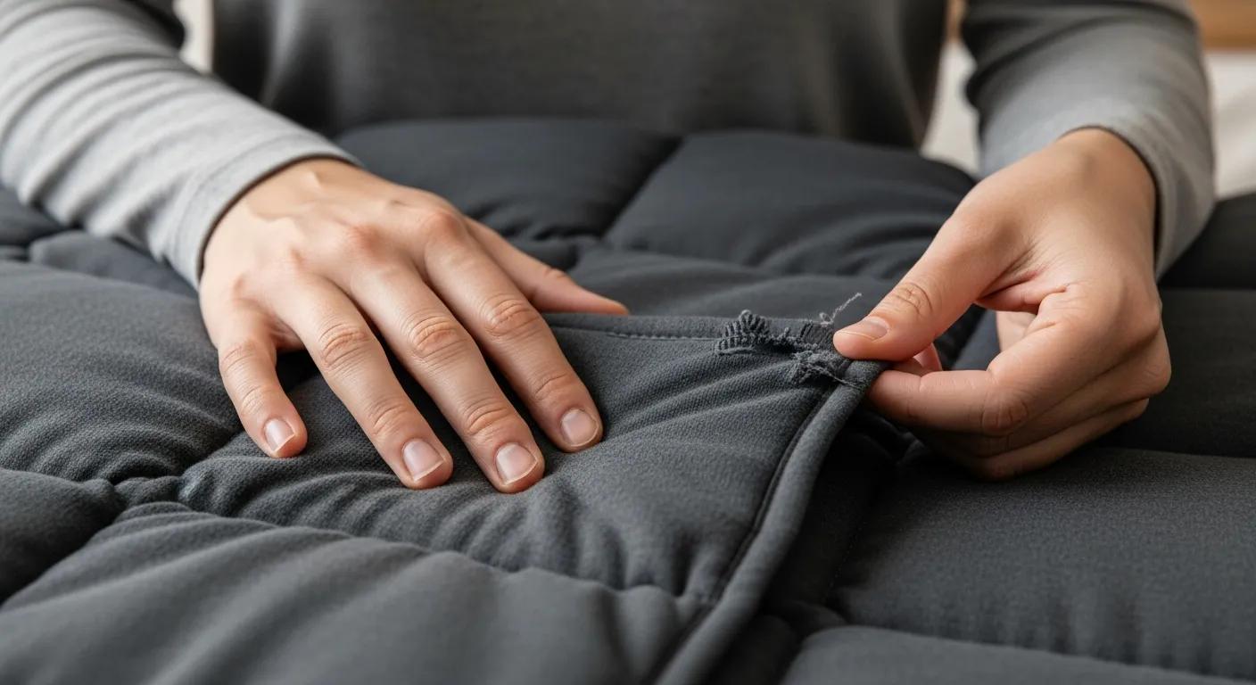 Close-up of a person inspecting a weighted blanket for signs of wear and proper care