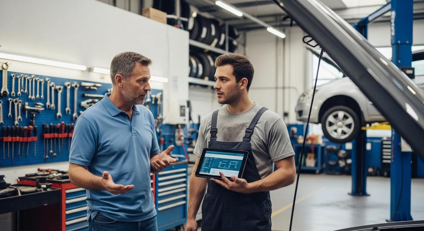 Customer consulting with an auto technician about service quality in a repair shop