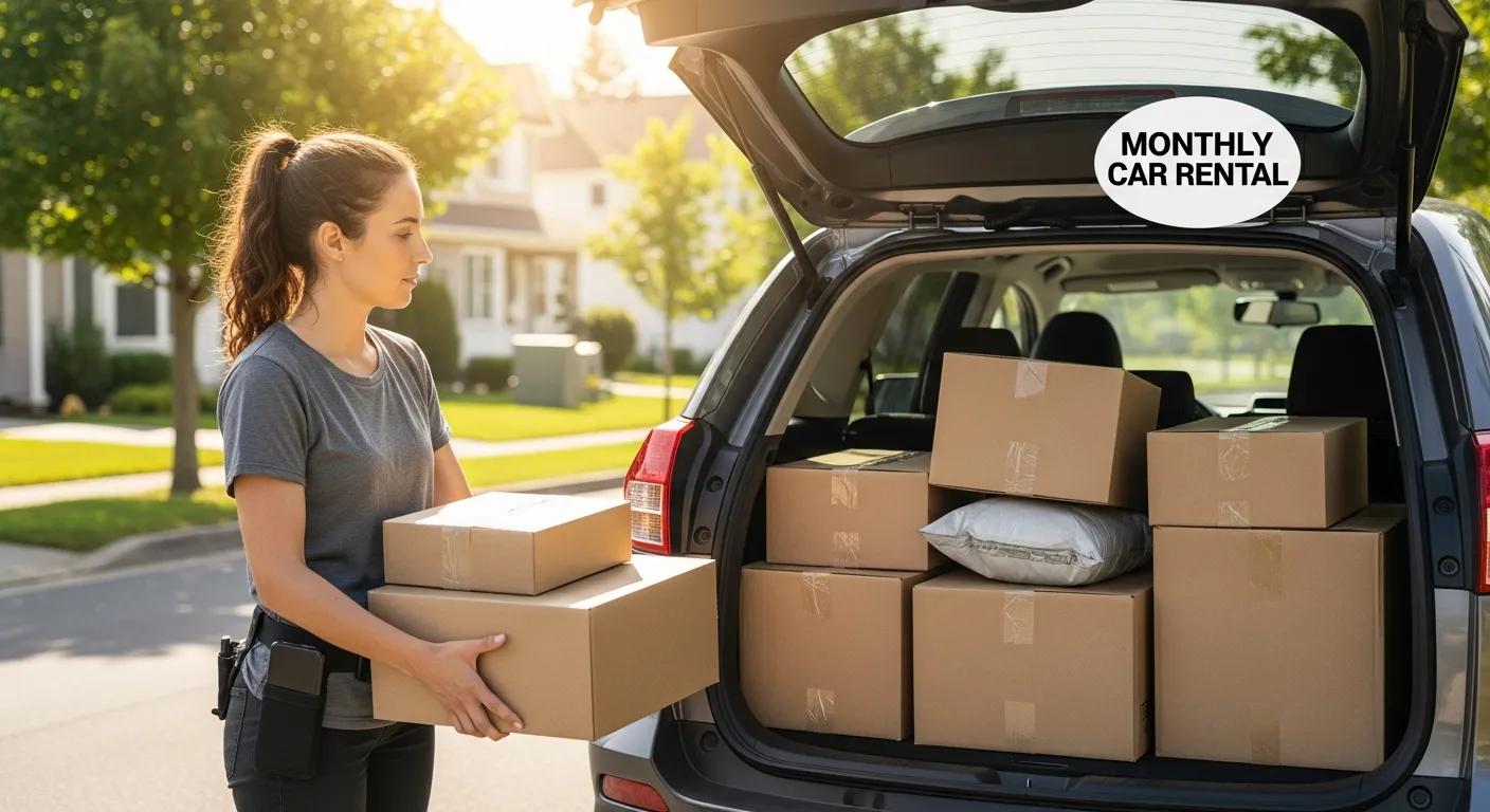 Gig worker loading packages into an SUV rental, highlighting the benefits of monthly car rentals