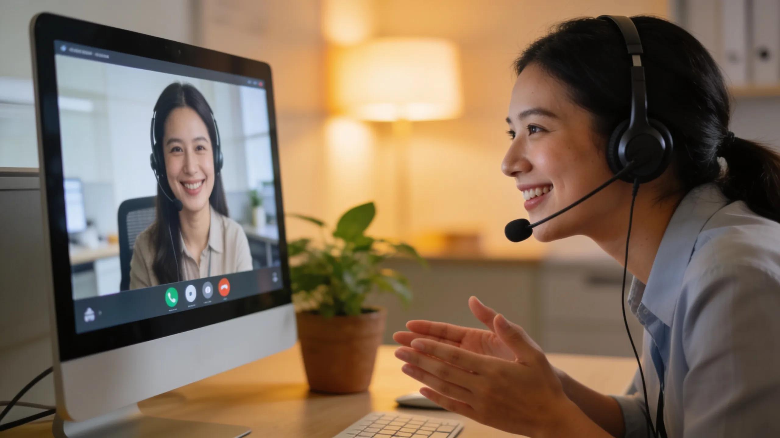 Customer service representative assisting a customer in a friendly environment