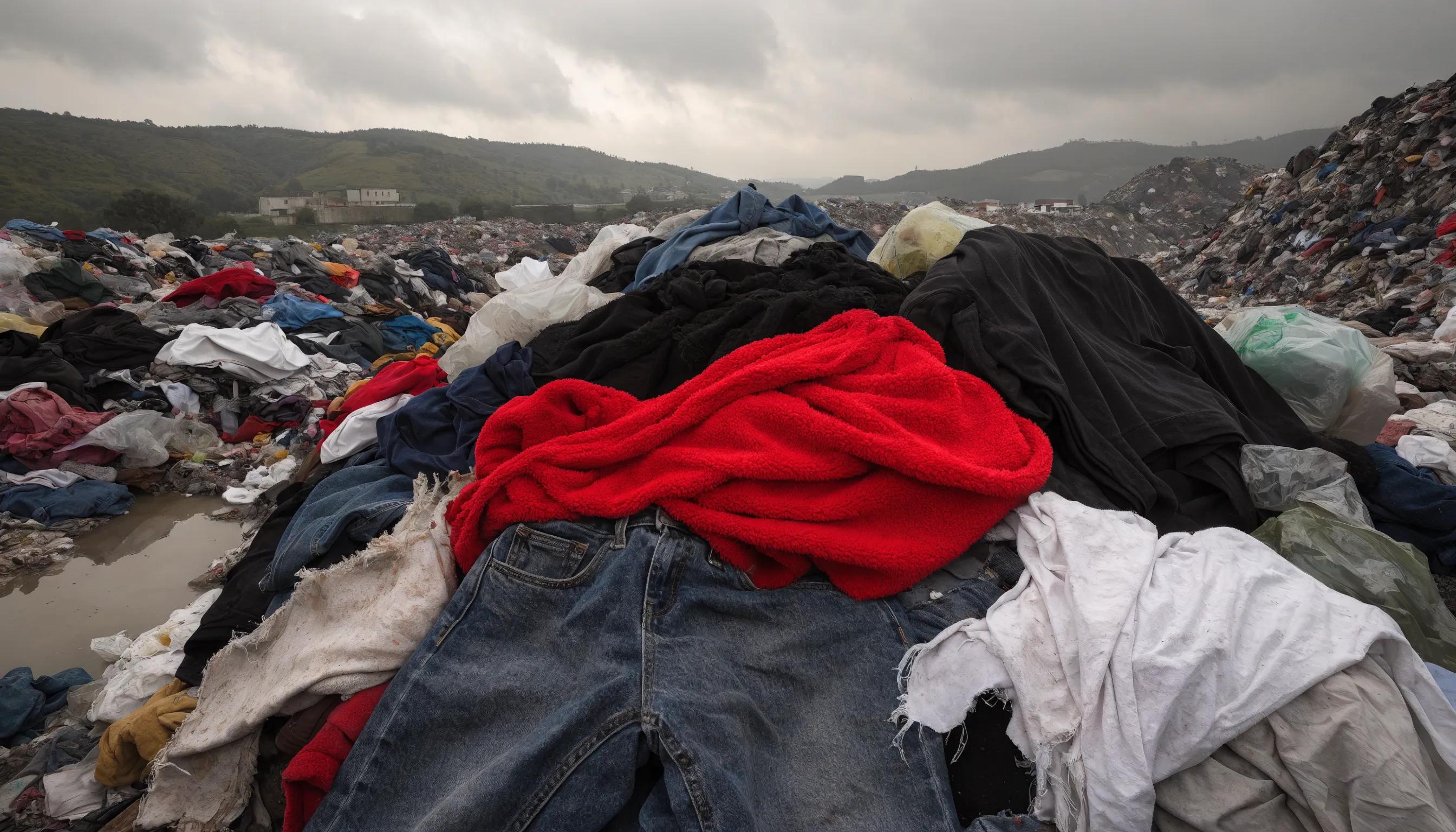 Landfill filled with discarded clothing symbolizing the environmental pollution caused by conventional fashion industries