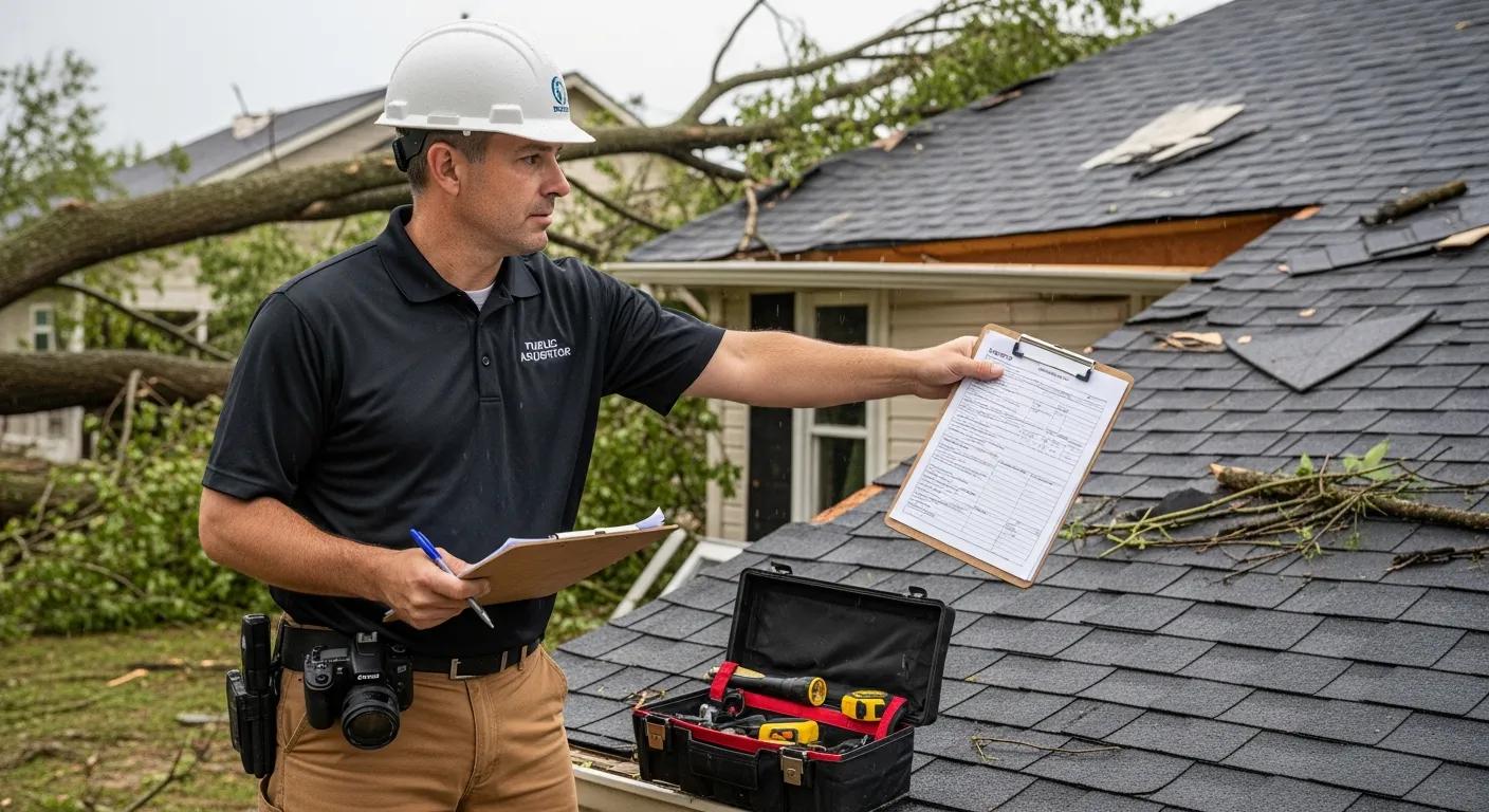 Public adjuster assessing storm damage with tools and documentation