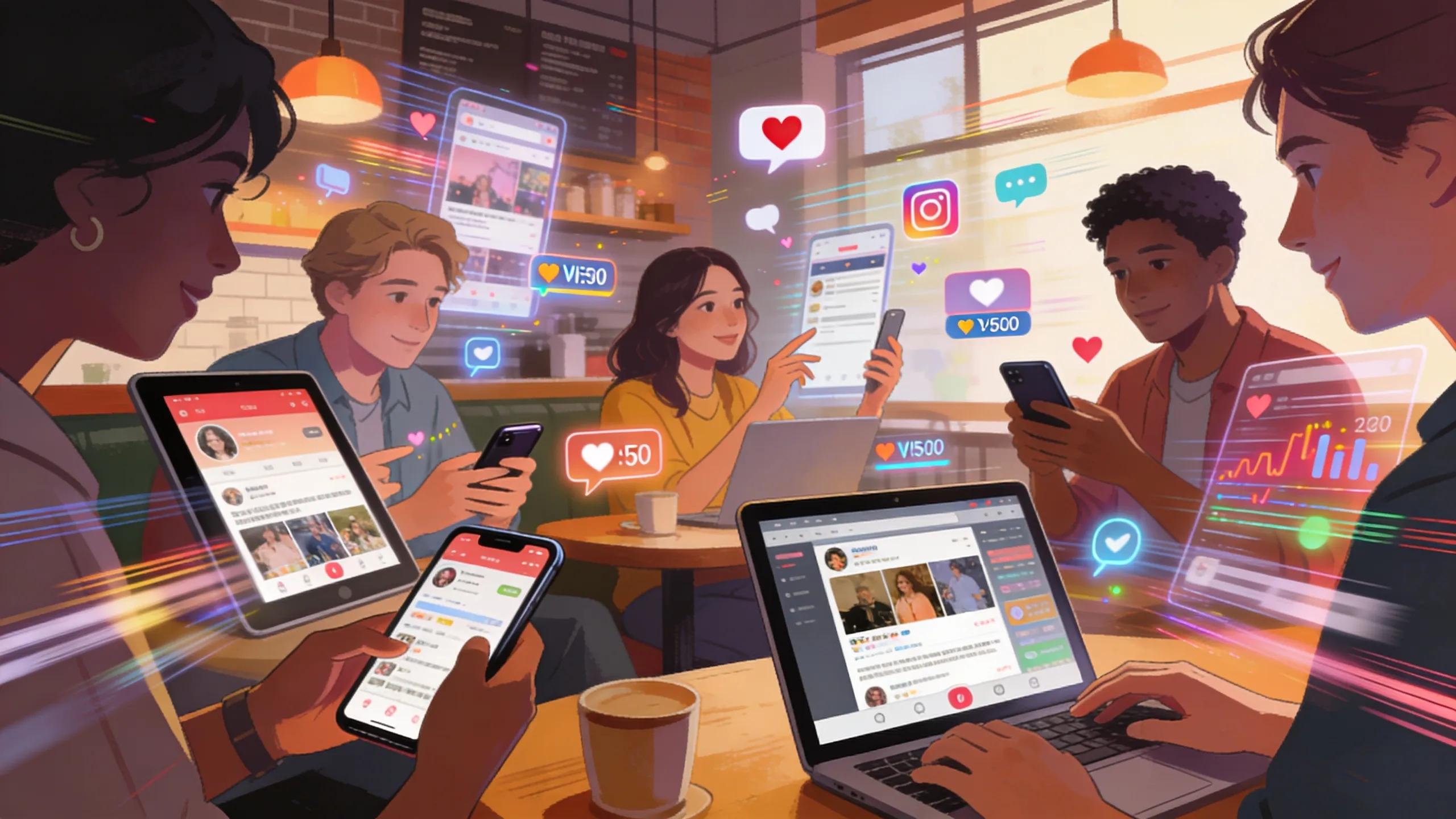 People engaging with social media metrics on their devices in a casual setting